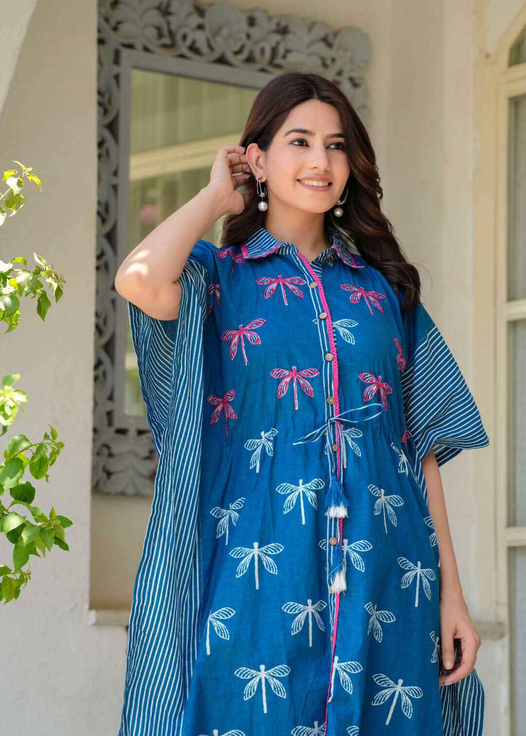 Indigo Blue Ethnic Print Cotton Maternity & Feeding Co-ord Set with Concealed Zipper