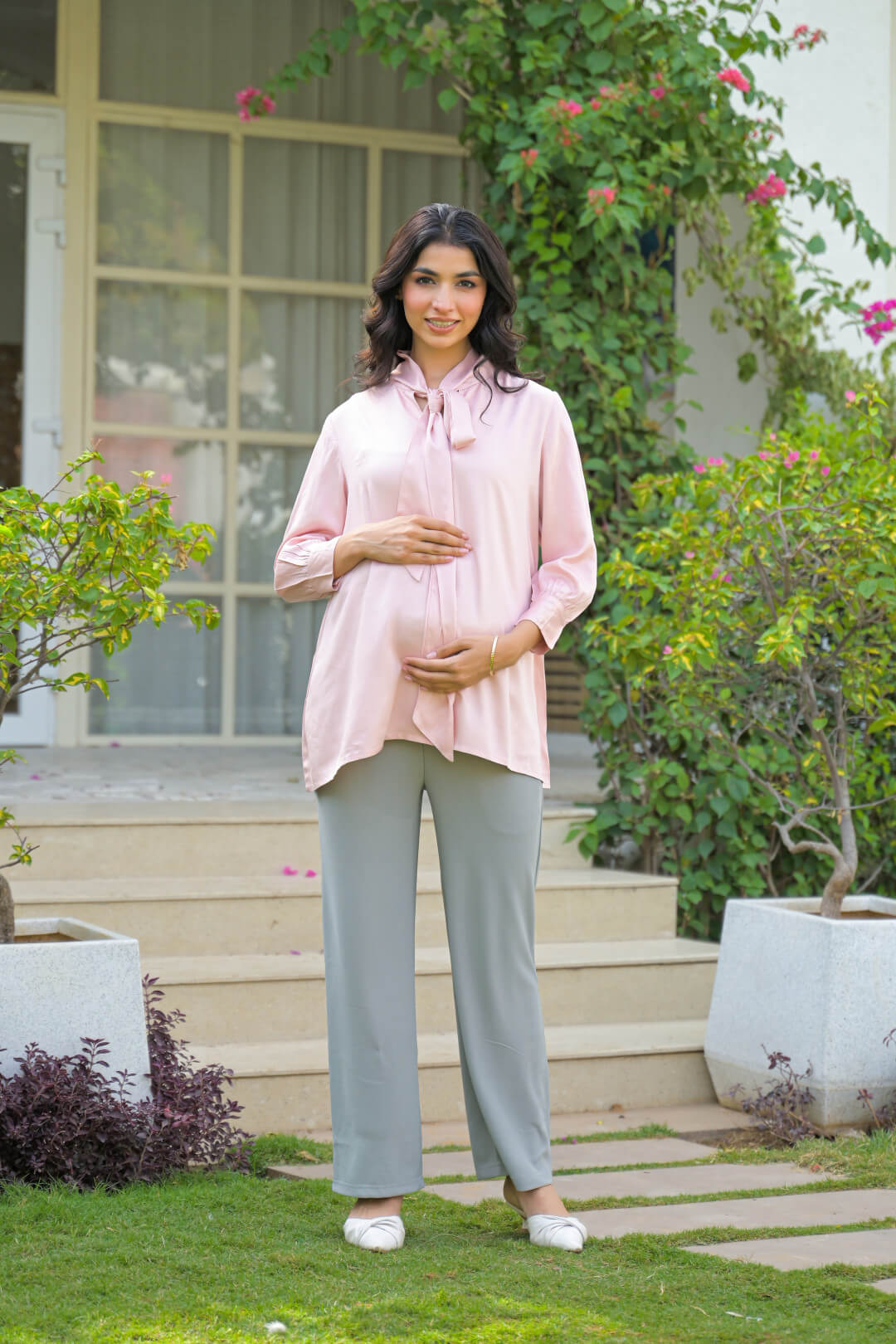 Light Pink Tie-up Neck Maternity Feeding-Friendly Top