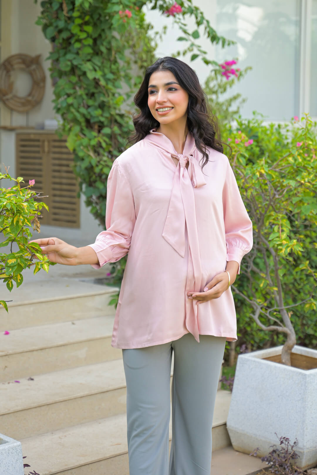 Light Pink Tie-up Neck Maternity Feeding-Friendly Top