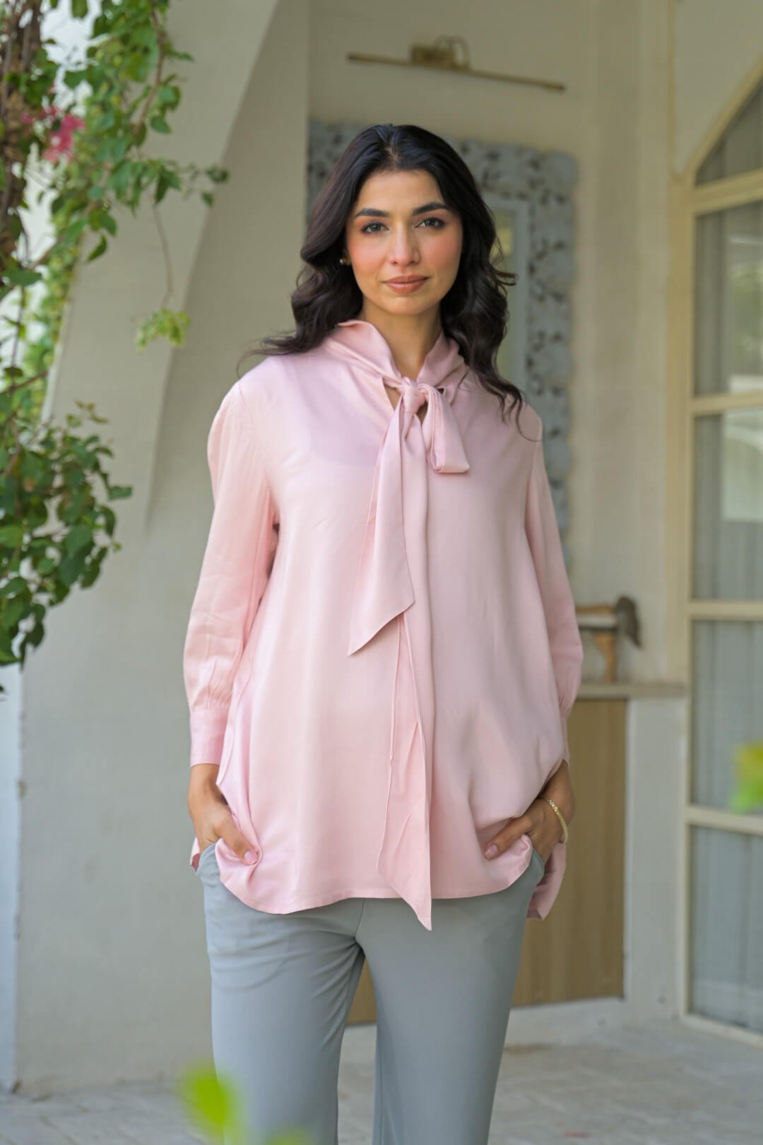 Light Pink Tie-up Neck Maternity Feeding-Friendly Top