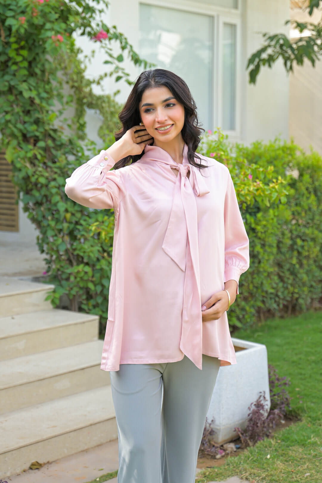 Light Pink Tie-up Neck Maternity Feeding-Friendly Top