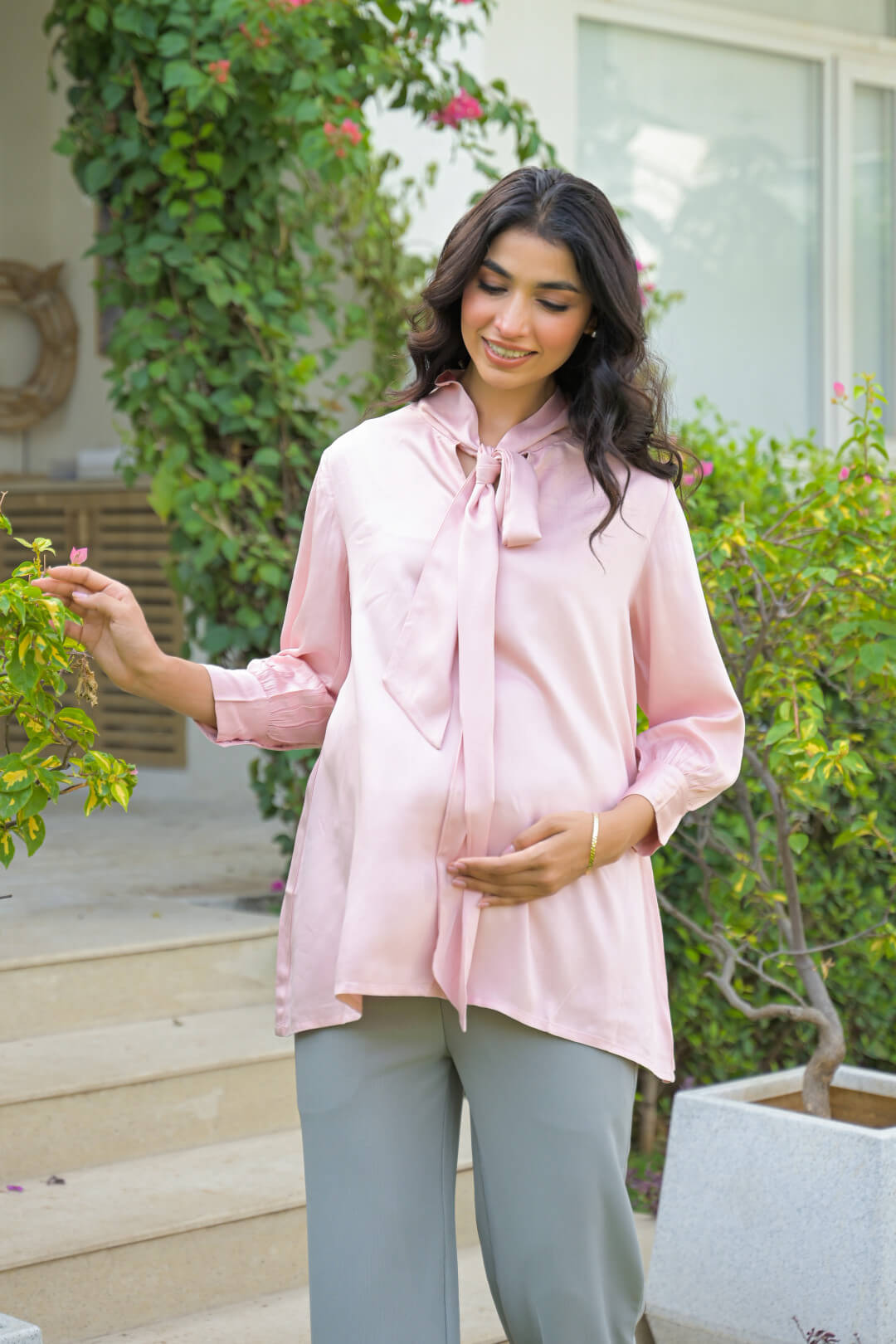 Light Pink Tie-up Neck Maternity Feeding-Friendly Top