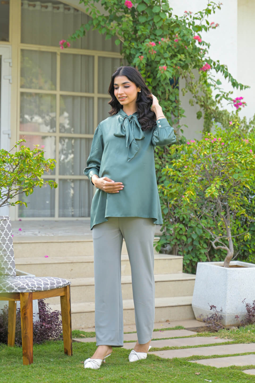 Green Tie-up Neck Maternity Feeding-Friendly Top