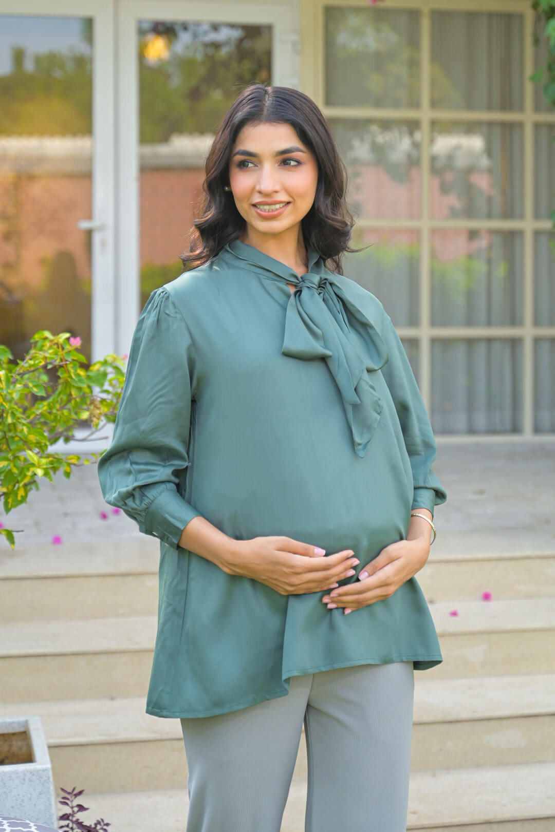 Green Tie-up Neck Maternity Feeding-Friendly Top