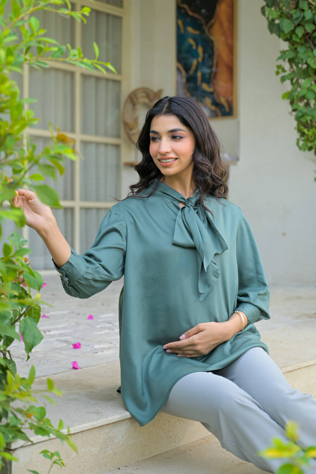 Green Tie-up Neck Maternity Feeding-Friendly Top