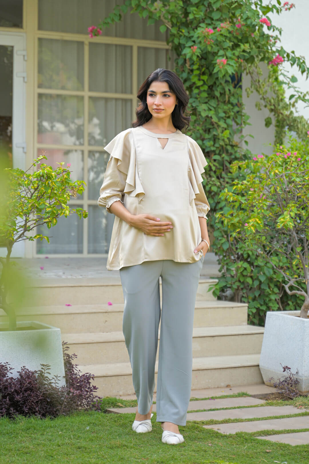 Beige Jewell Neck Ruffled Maternity & Feeding Top with Concealed Zipper
