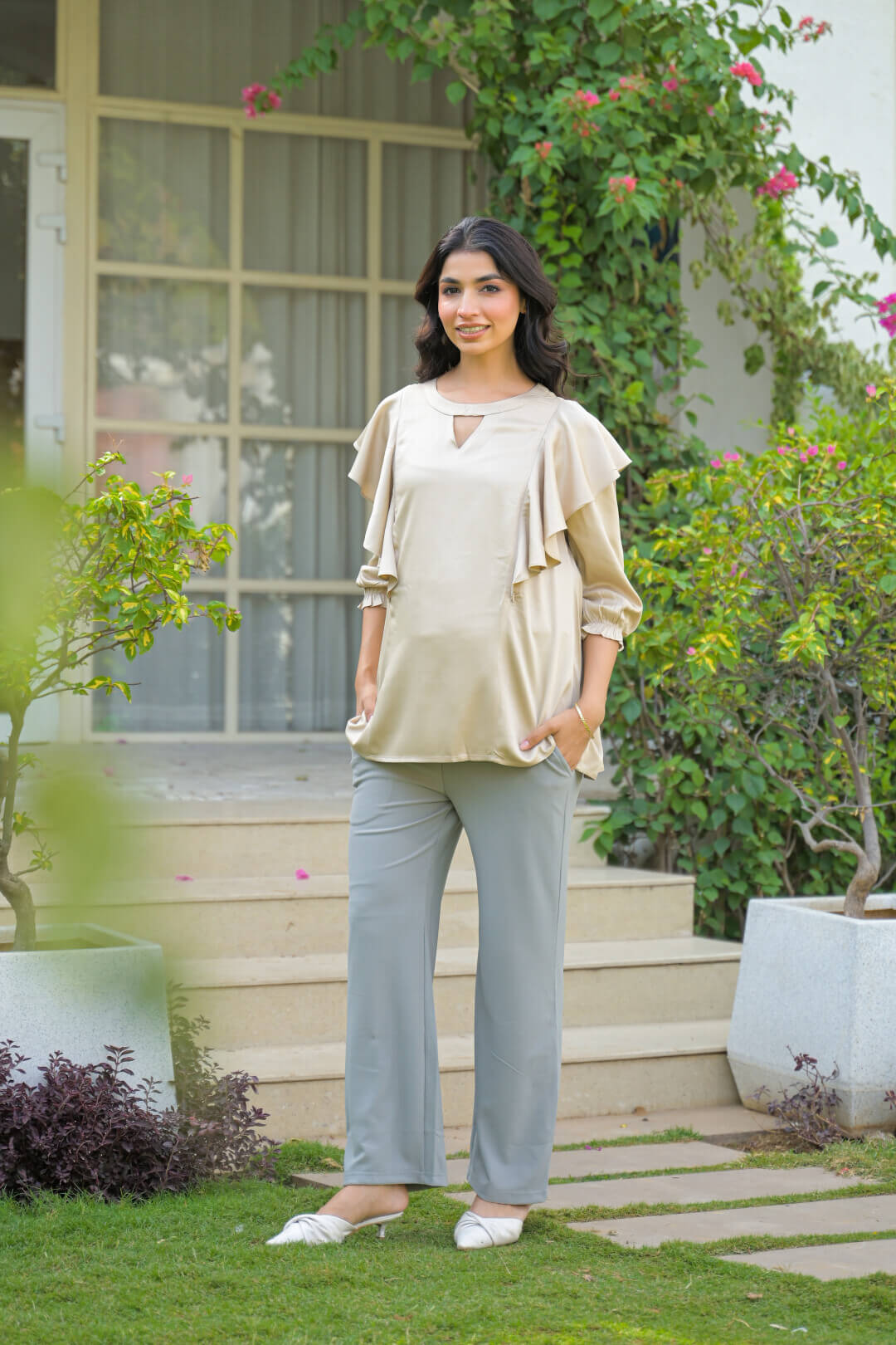 Beige Jewell Neck Ruffled Maternity & Feeding Top with Concealed Zipper