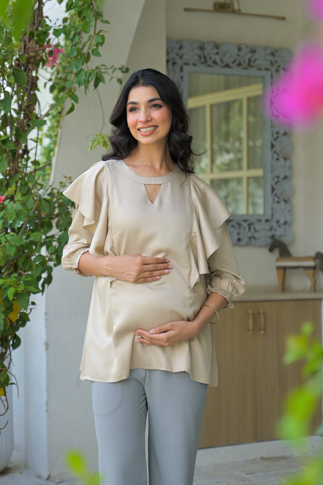 Beige Jewell Neck Ruffled Maternity & Feeding Top with Concealed Zipper