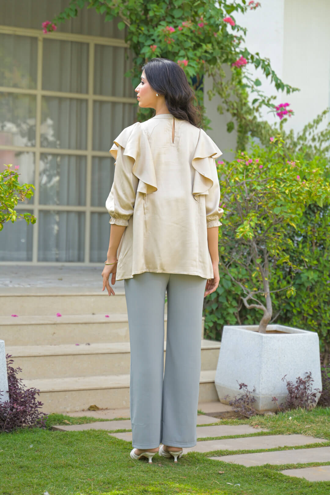 Beige Jewell Neck Ruffled Maternity & Feeding Top with Concealed Zipper
