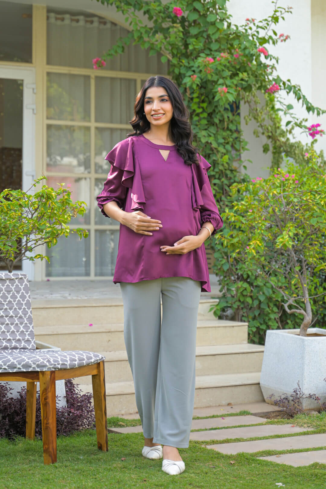 Plum Jewell Neck Ruffled Maternity & Feeding Top with Concealed Zipper
