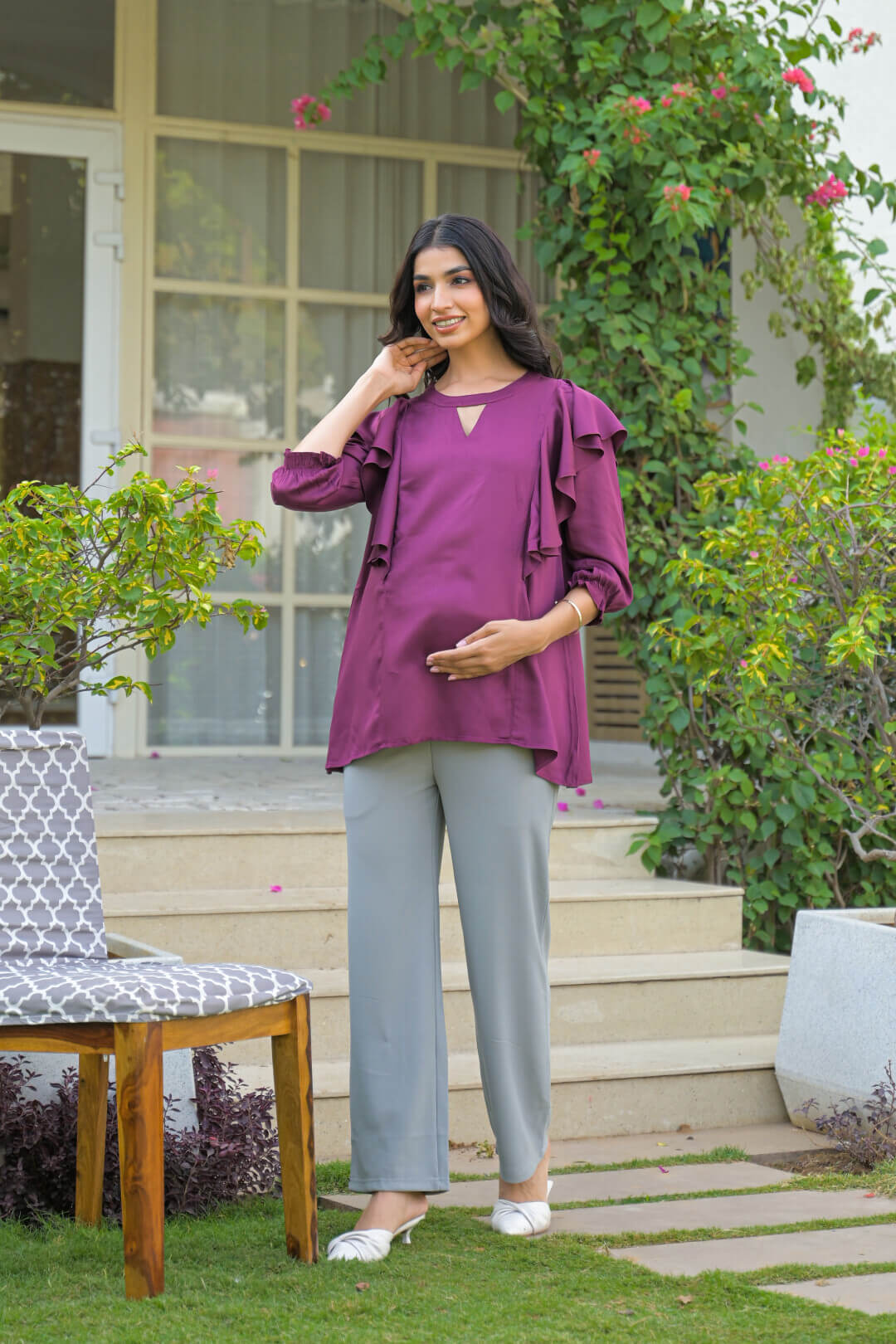 Plum Jewell Neck Ruffled Maternity & Feeding Top with Concealed Zipper