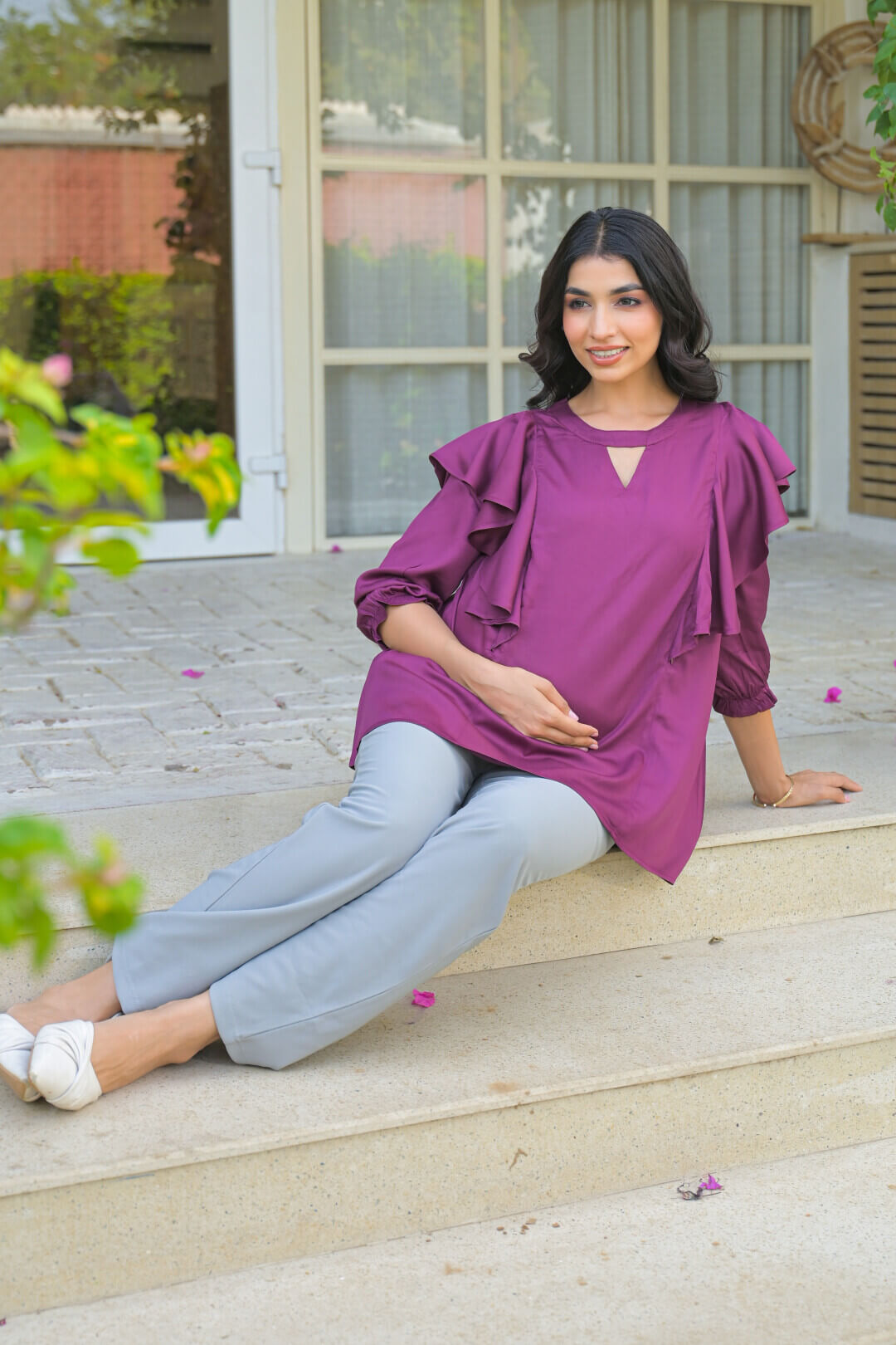 Plum Jewell Neck Ruffled Maternity & Feeding Top with Concealed Zipper