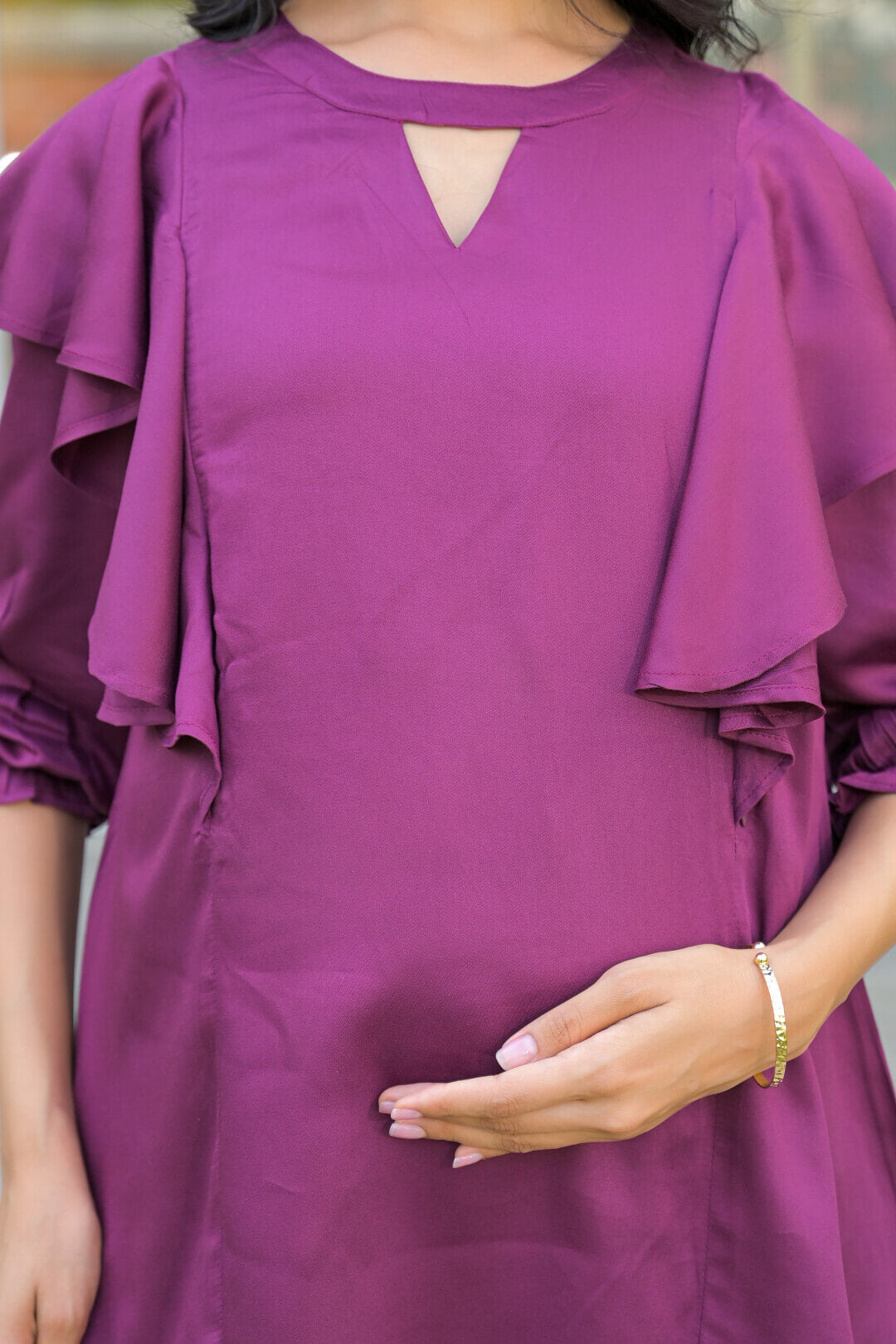 Plum Jewell Neck Ruffled Maternity & Feeding Top with Concealed Zipper