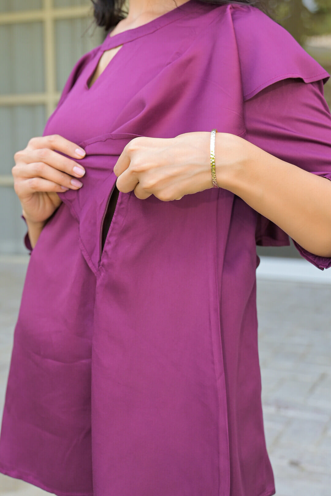 Plum Jewell Neck Ruffled Maternity & Feeding Top with Concealed Zipper