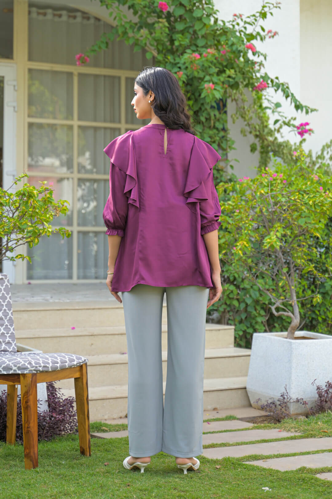 Plum Jewell Neck Ruffled Maternity & Feeding Top with Concealed Zipper