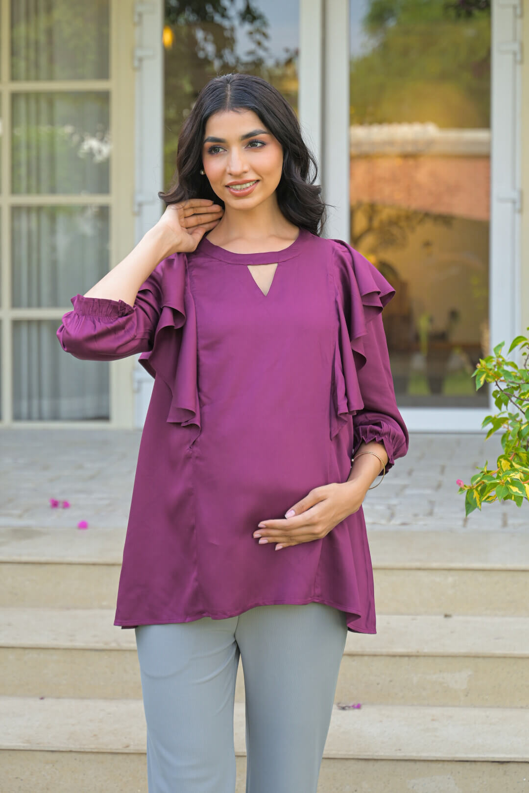 Plum Jewell Neck Ruffled Maternity & Feeding Top with Concealed Zipper