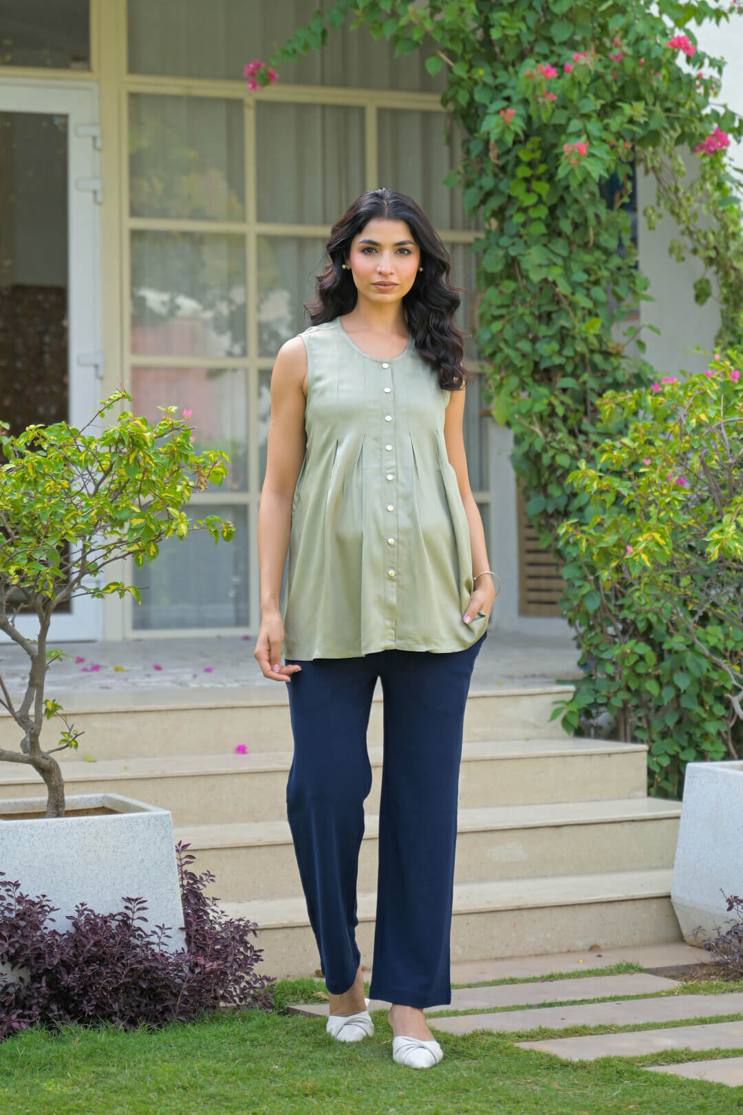 Olive Green Pleated Maternity Feeding-Friendly Top