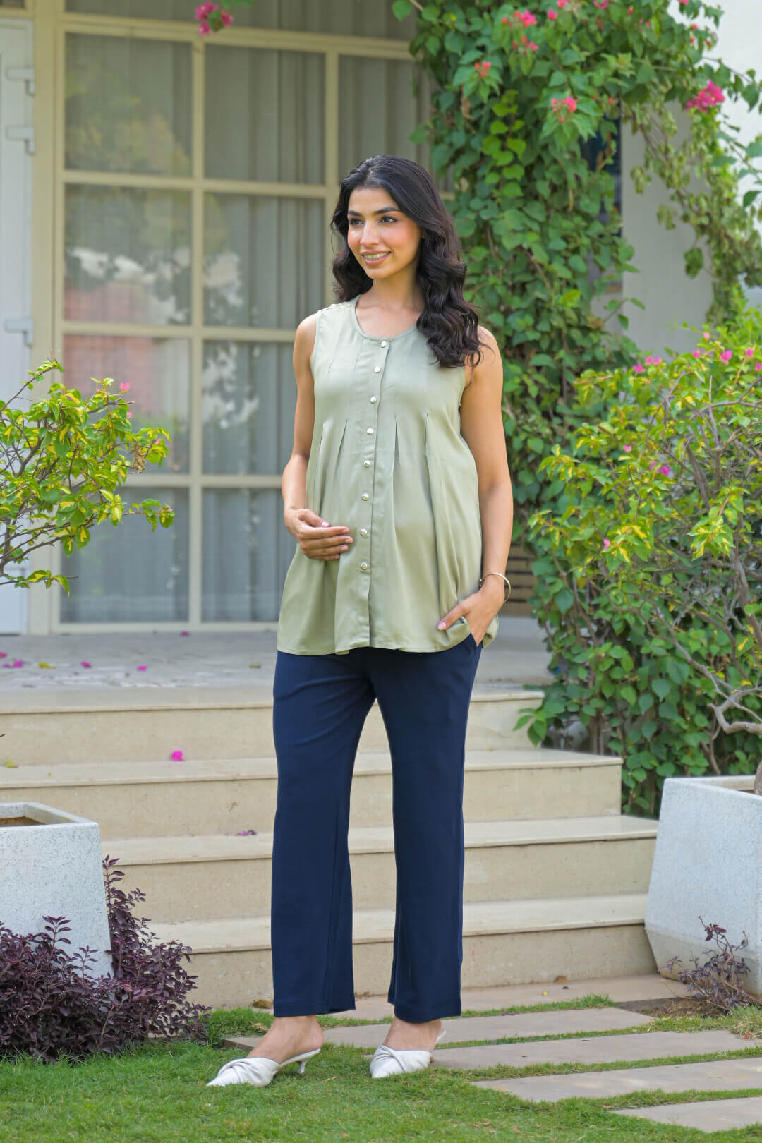 Olive Green Pleated Maternity Feeding-Friendly Top
