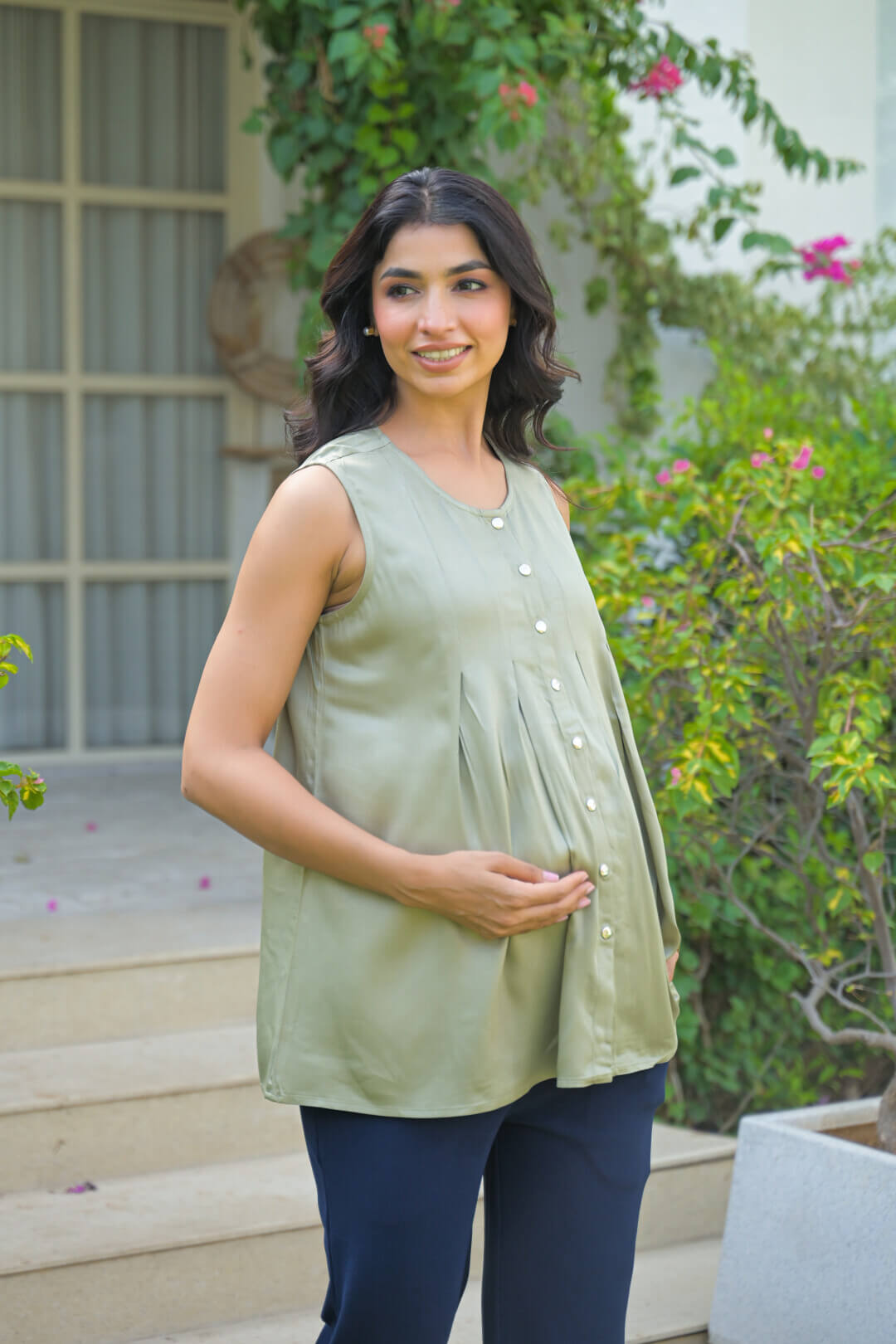 Olive Green Pleated Maternity Feeding-Friendly Top
