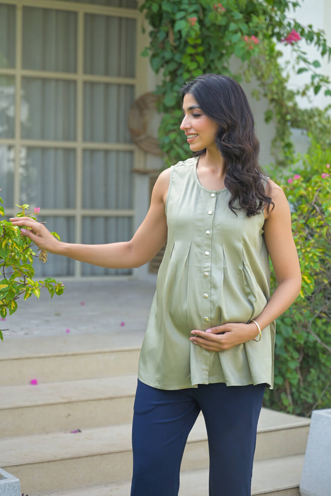 Olive Green Pleated Maternity Feeding-Friendly Top