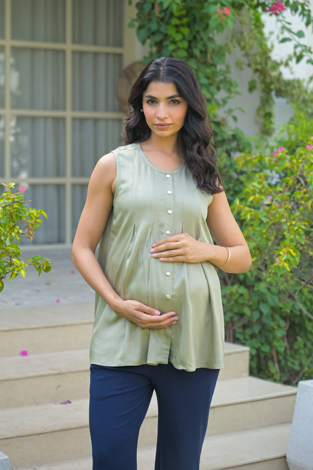 Olive Green Pleated Maternity Feeding-Friendly Top