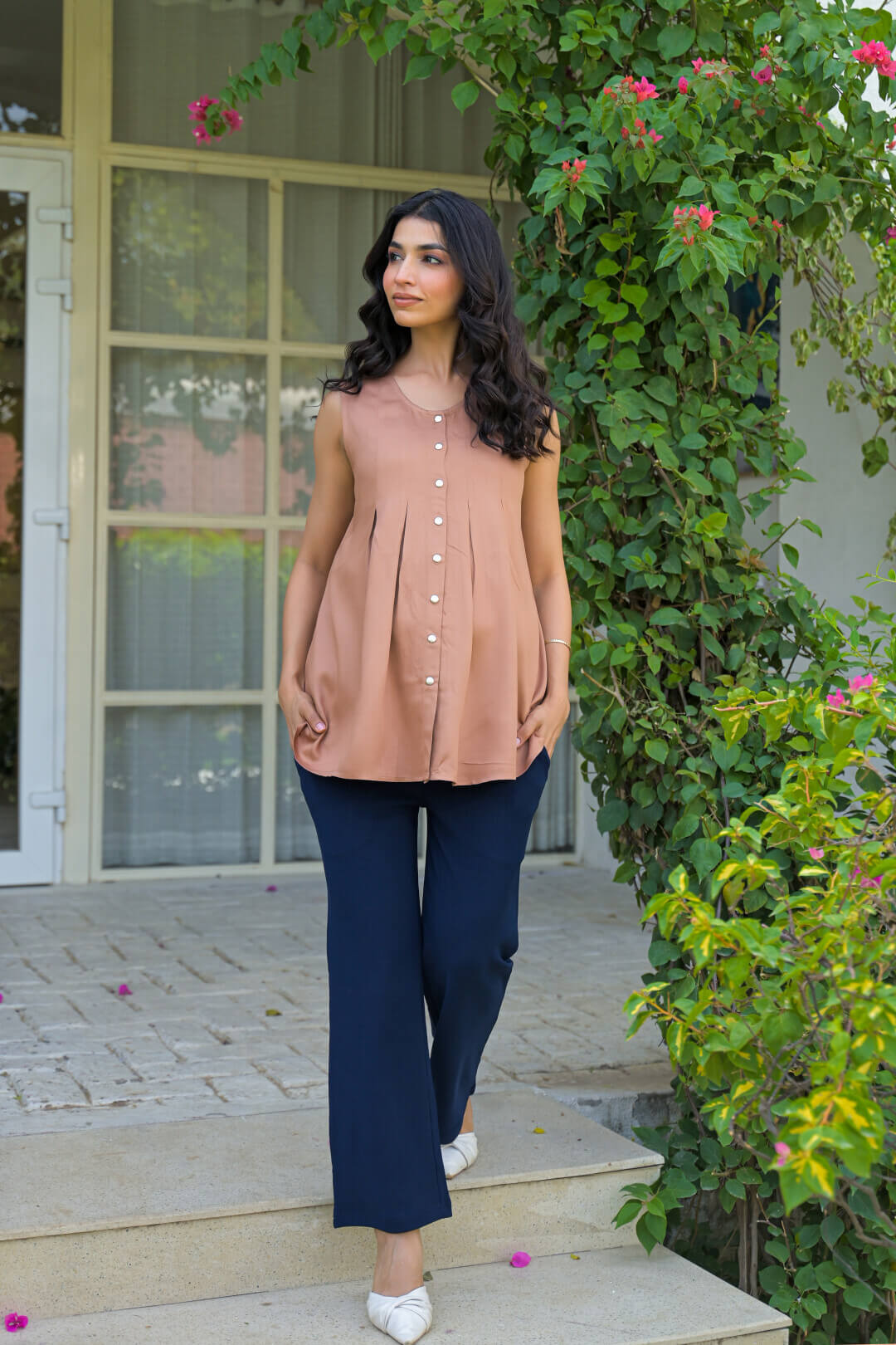 Taupe Green Pleated Maternity Feeding-Friendly Top