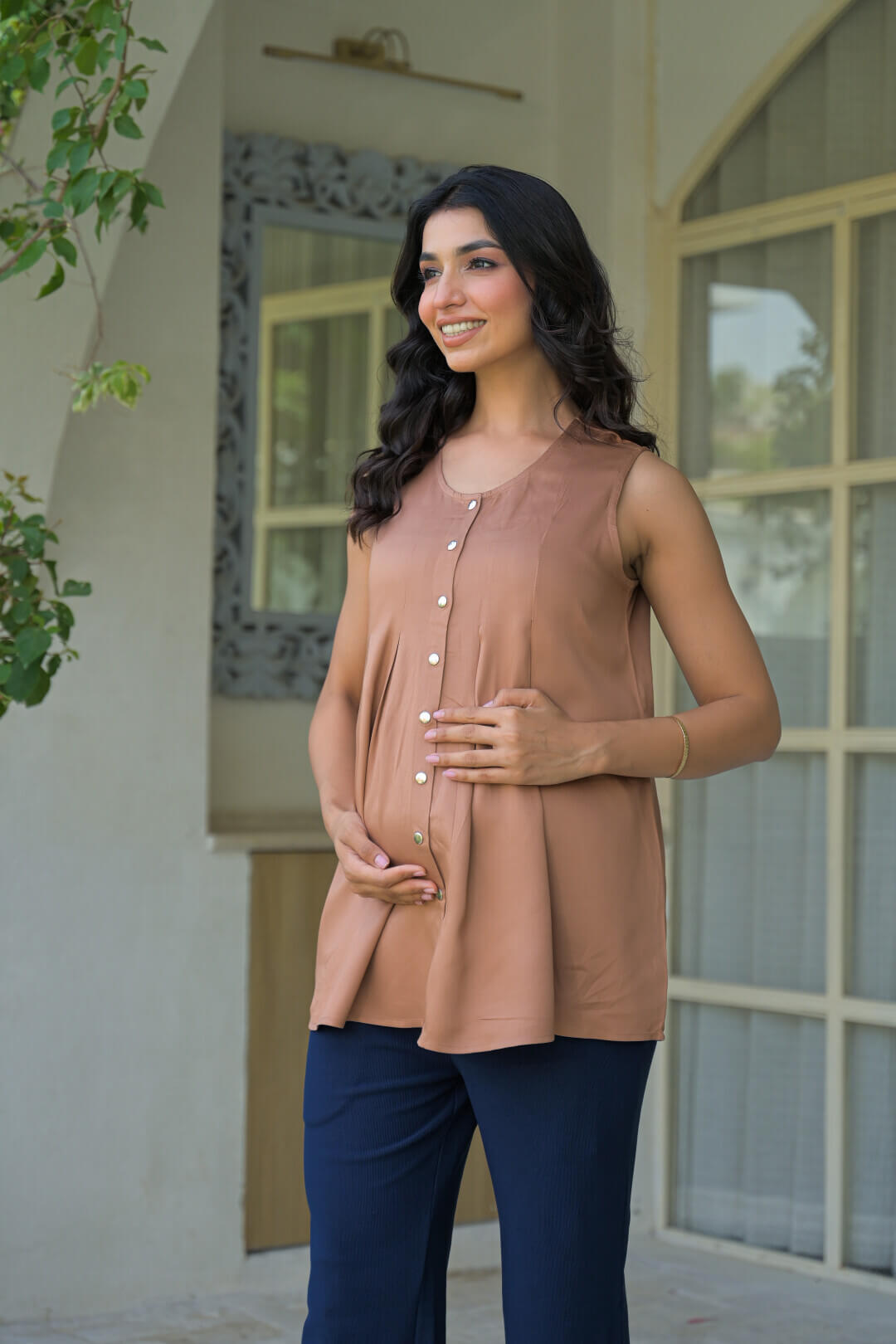 Taupe Green Pleated Maternity Feeding-Friendly Top