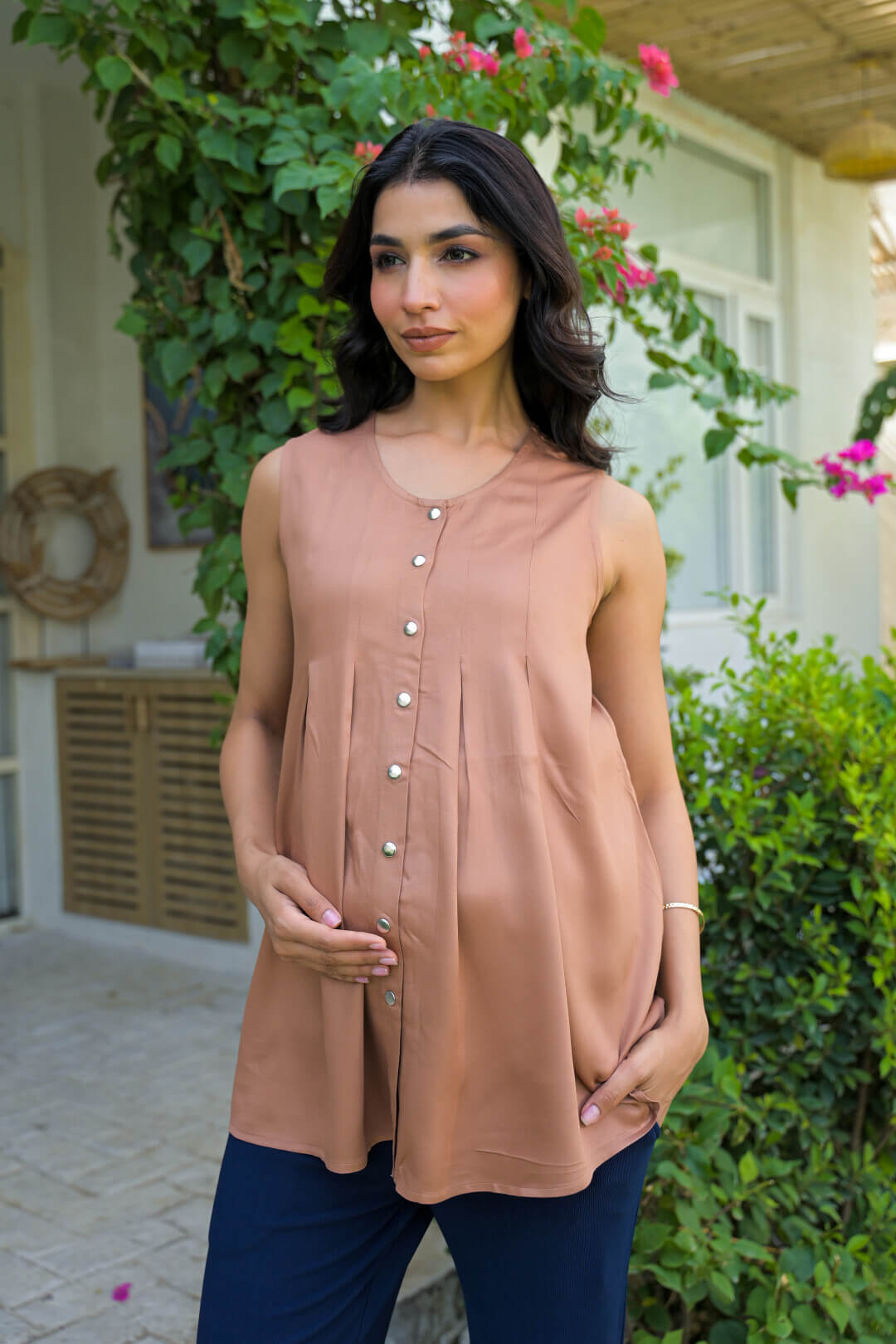 Taupe Green Pleated Maternity Feeding-Friendly Top