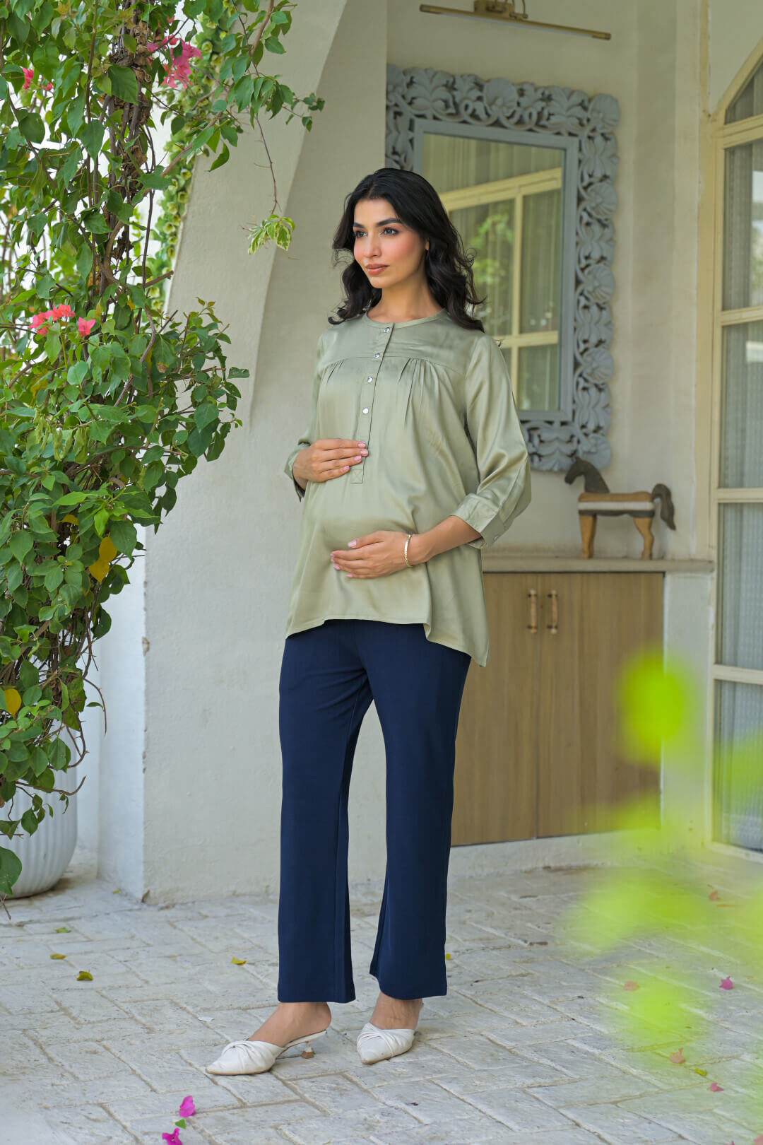 Olive Green Maternity Feeding-Friendly Top