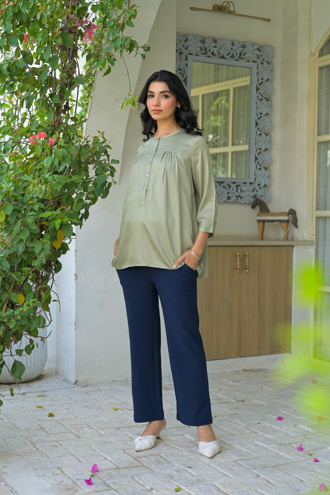 Olive Green Maternity Feeding-Friendly Top