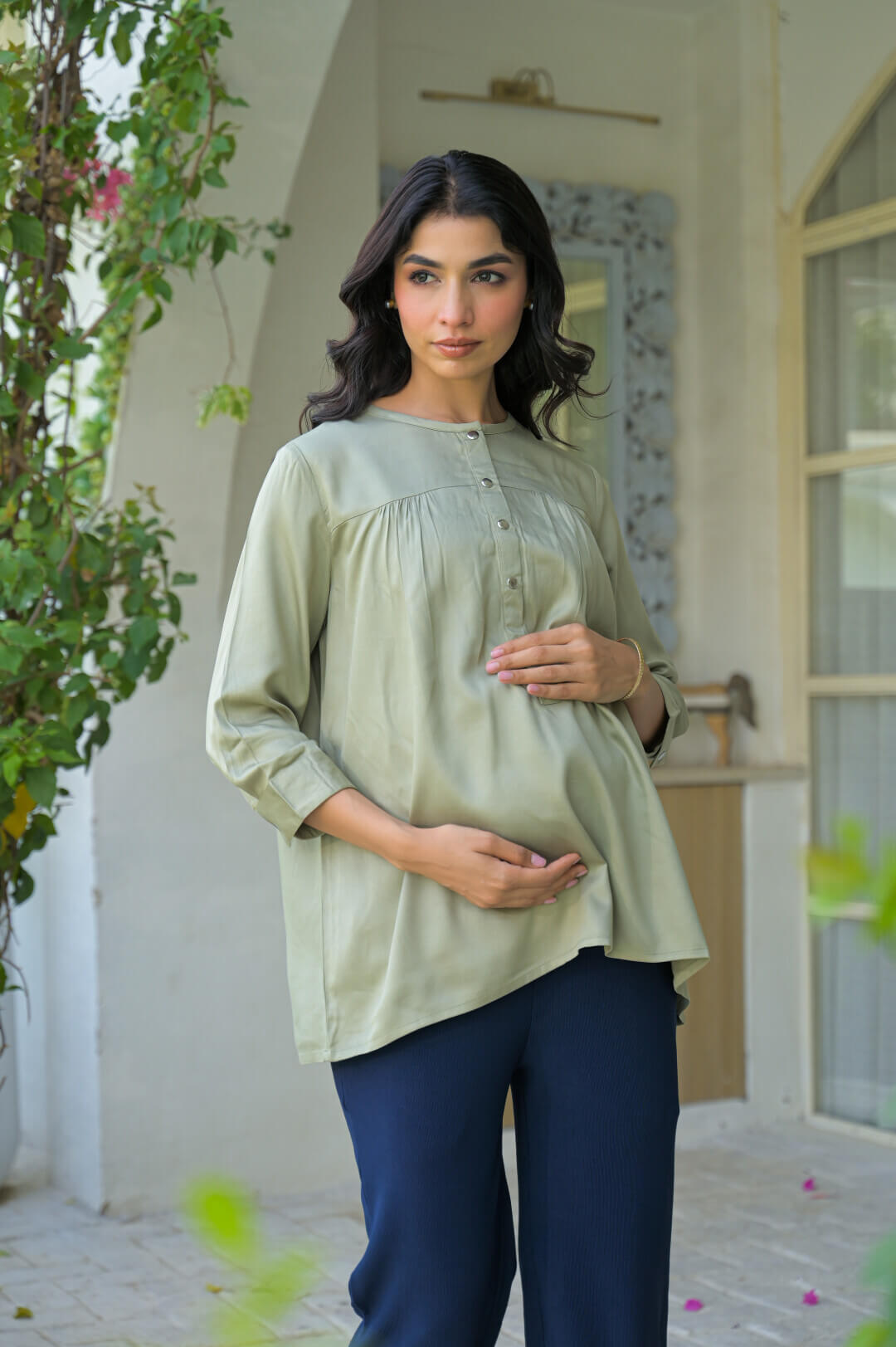 Olive Green Maternity Feeding-Friendly Top