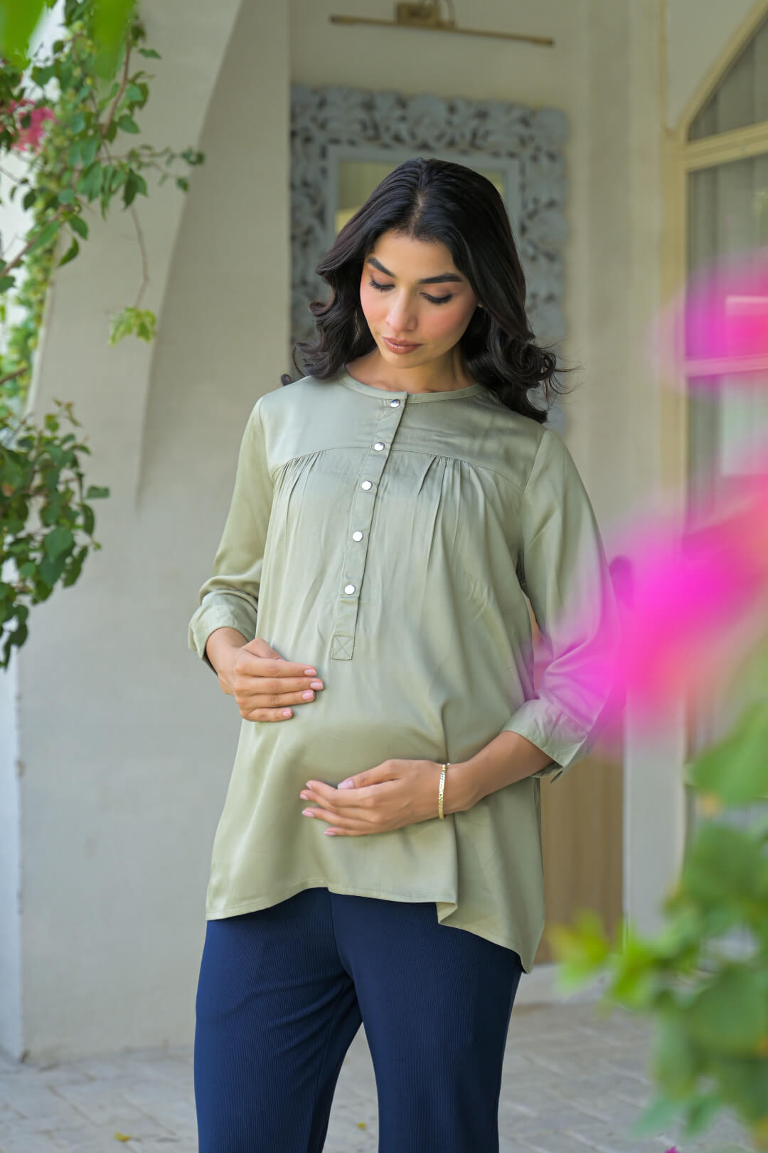 Olive Green Maternity Feeding-Friendly Top