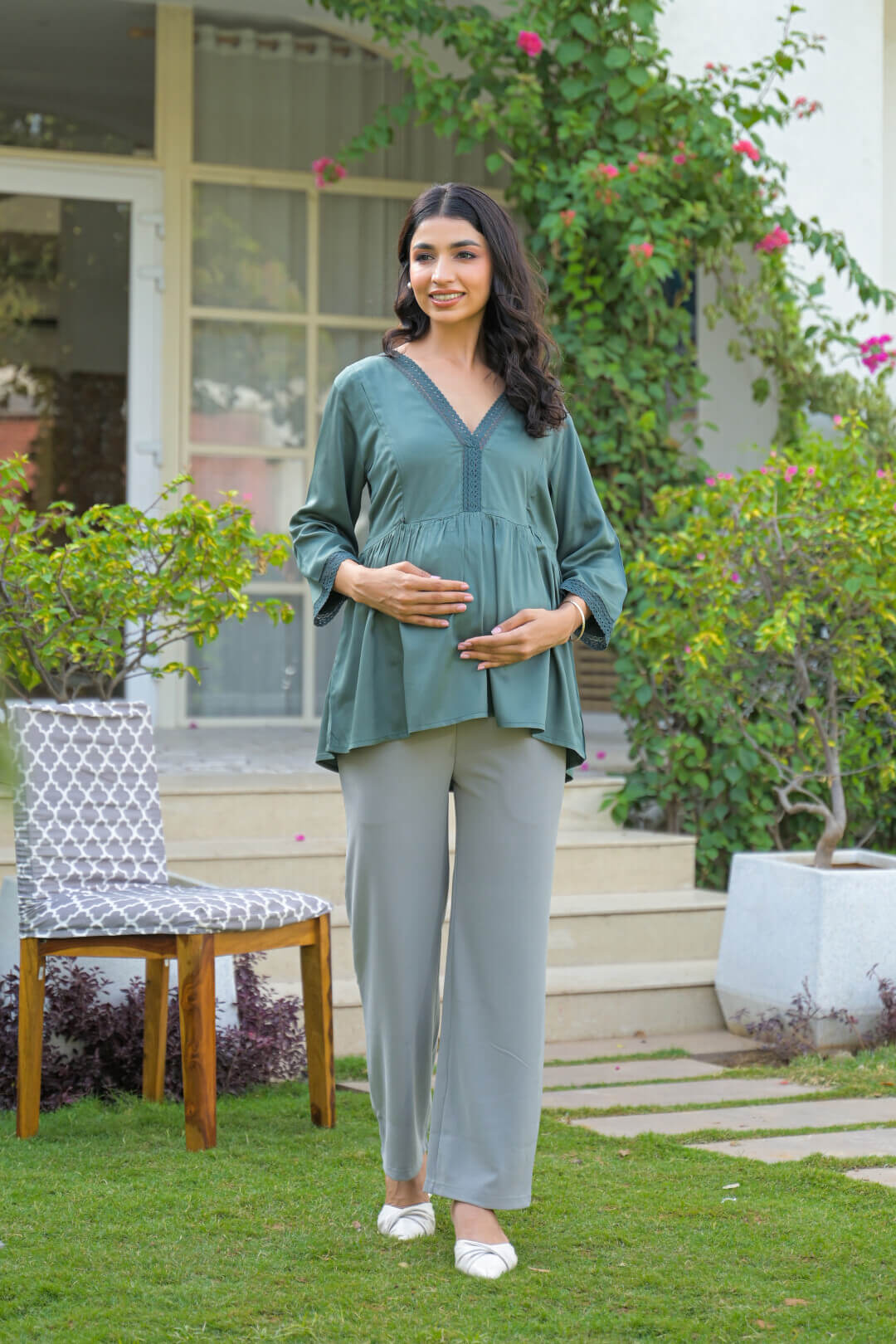 Green Lace Neck Maternity & Feeding Top with Concealed Zipper