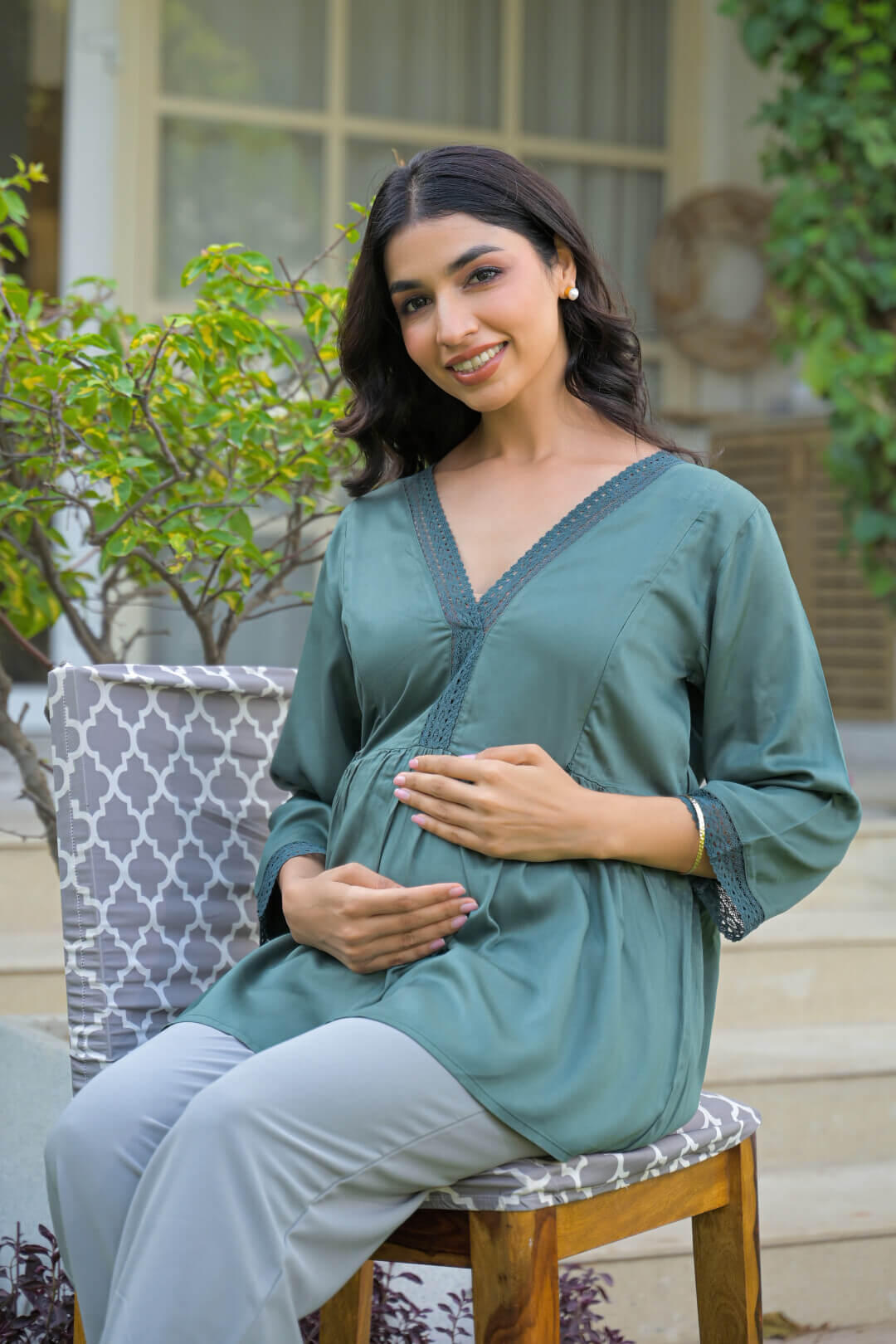 Green Lace Neck Maternity & Feeding Top with Concealed Zipper