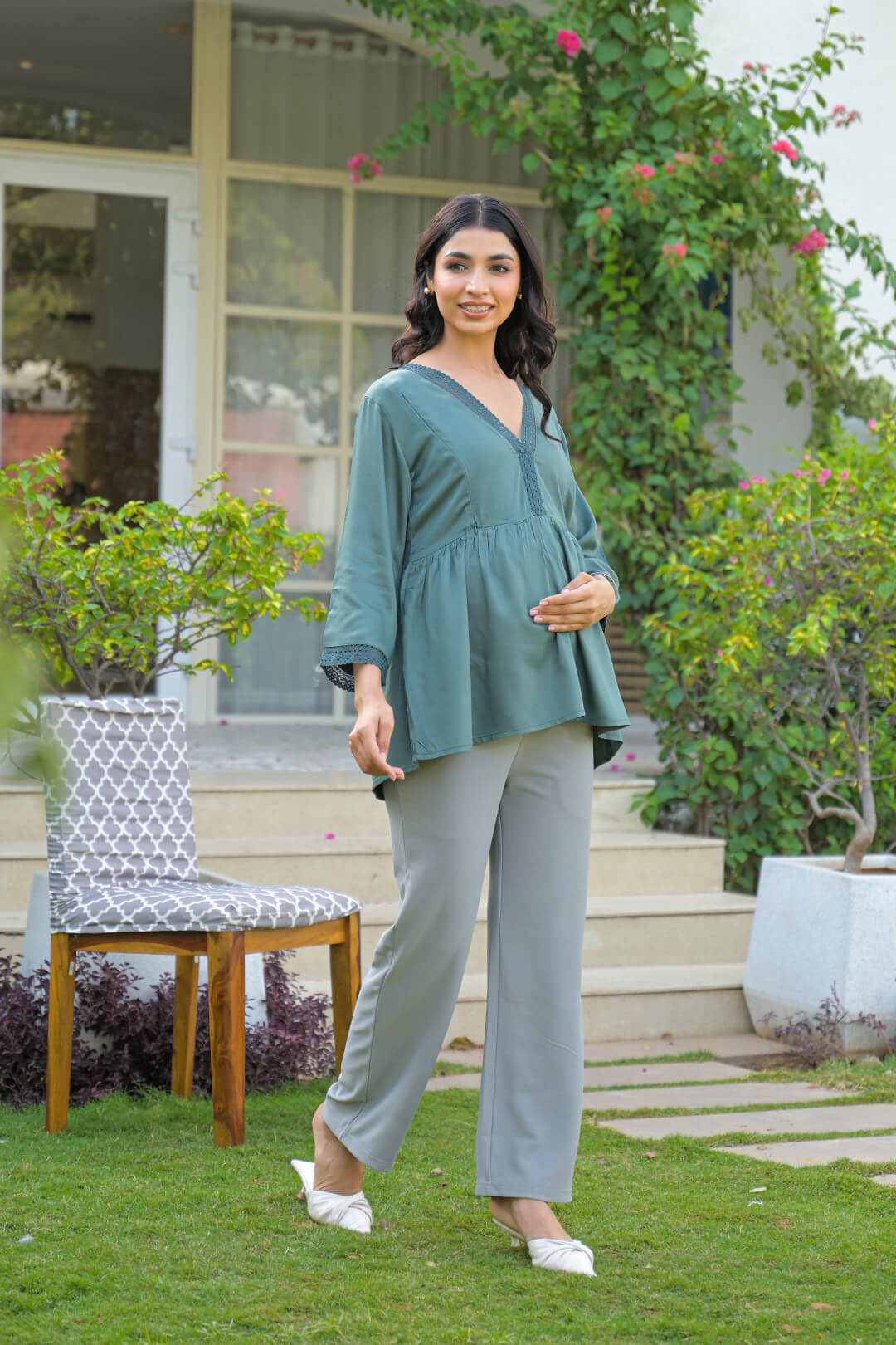 Green Lace Neck Maternity & Feeding Top with Concealed Zipper