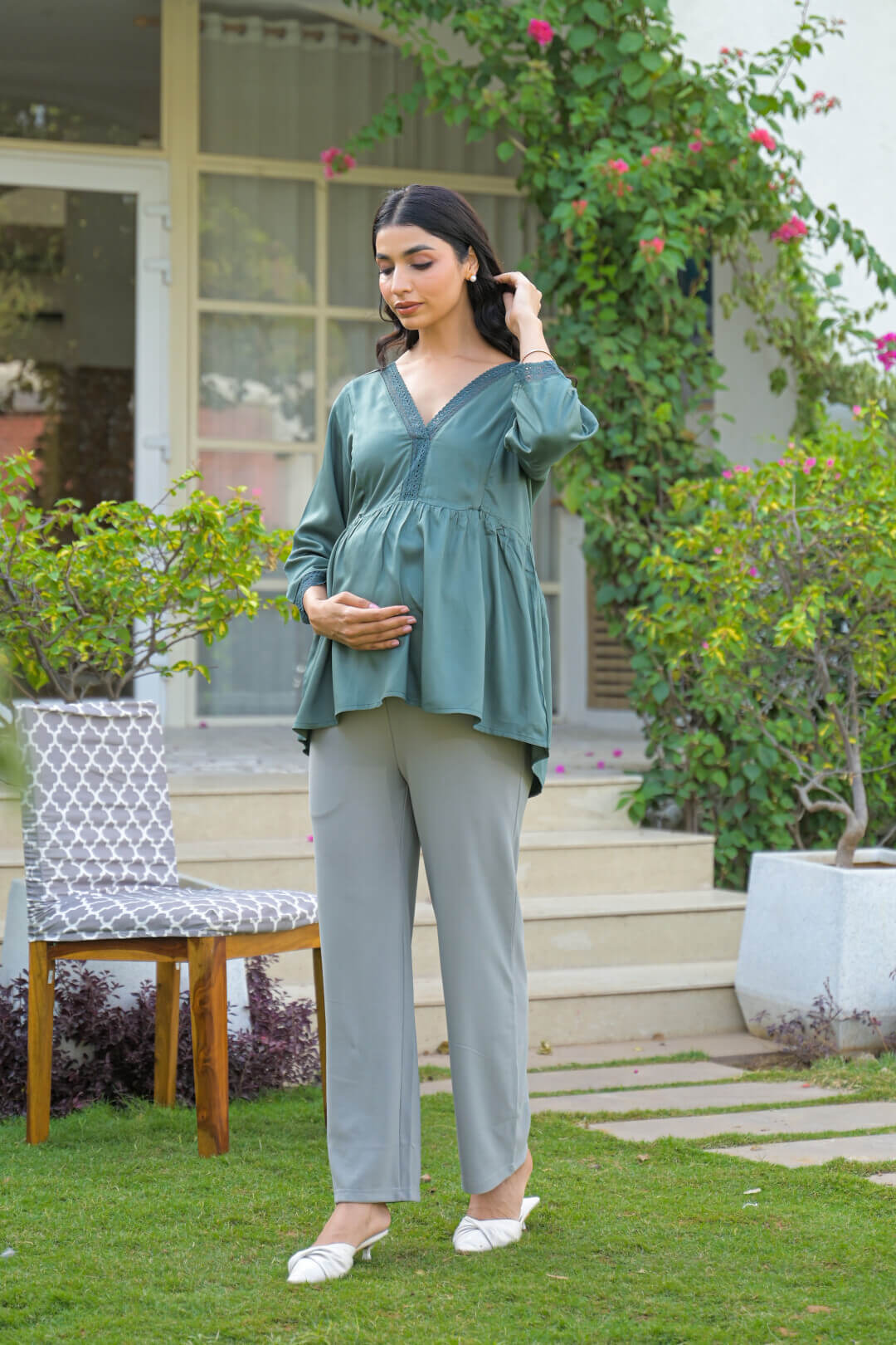 Green Lace Neck Maternity & Feeding Top with Concealed Zipper