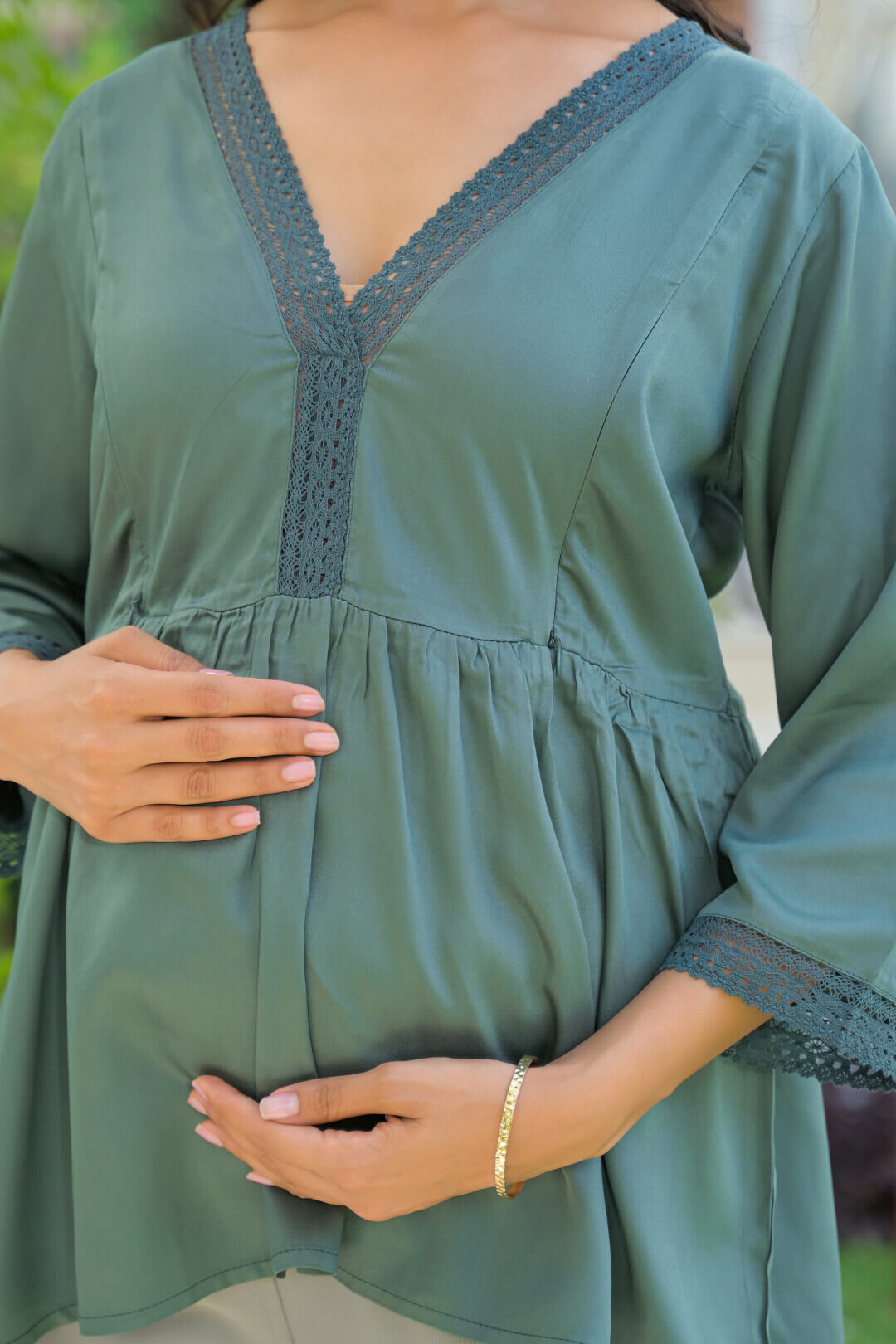 Green Lace Neck Maternity & Feeding Top with Concealed Zipper