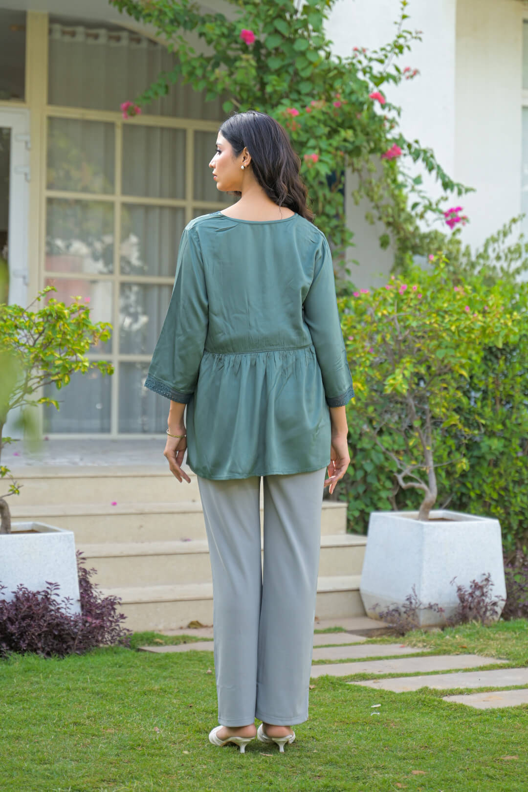 Green Lace Neck Maternity & Feeding Top with Concealed Zipper