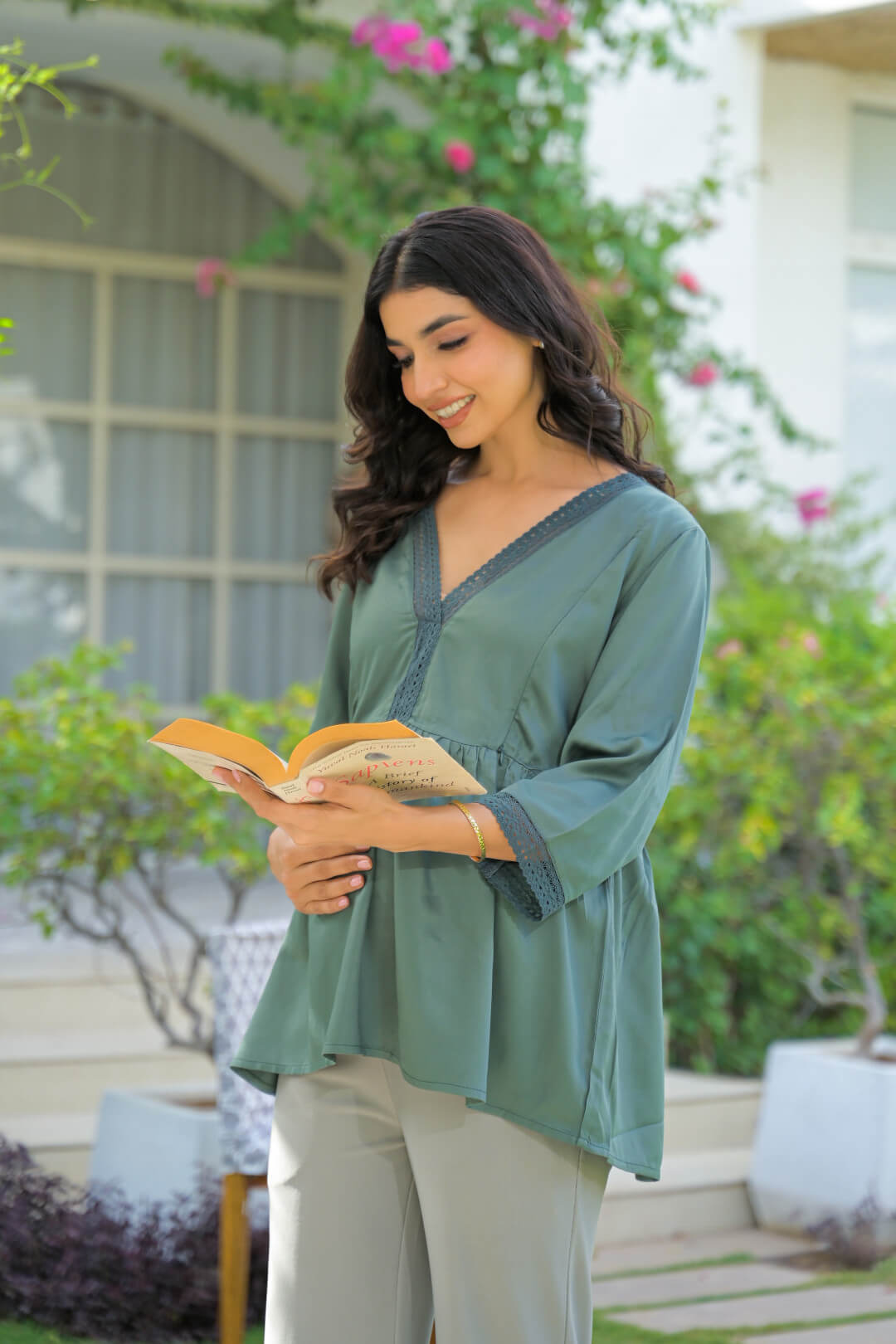 Green Lace Neck Maternity & Feeding Top with Concealed Zipper