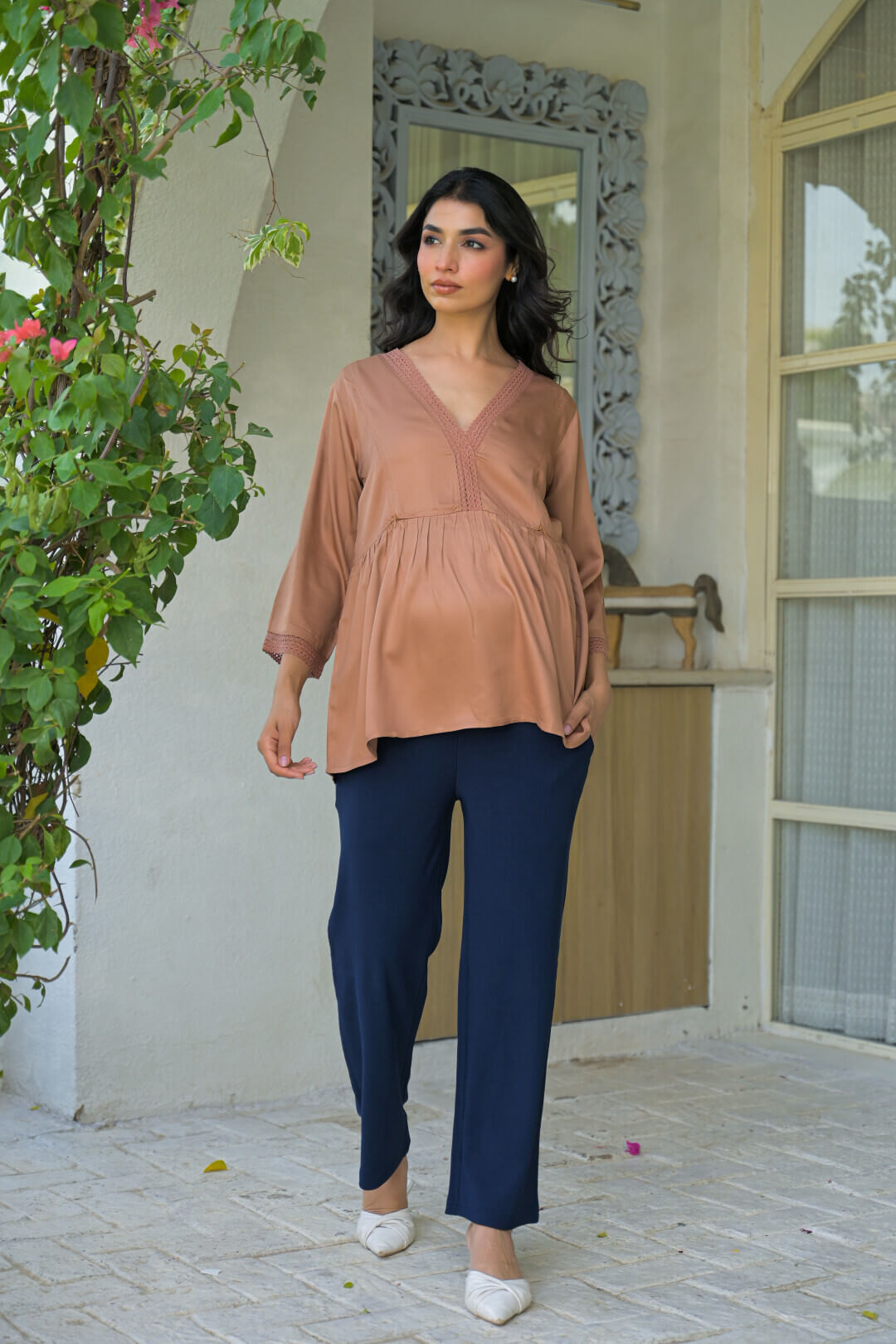 Taupe Lace Neck Maternity & Feeding Top with Concealed Zipper