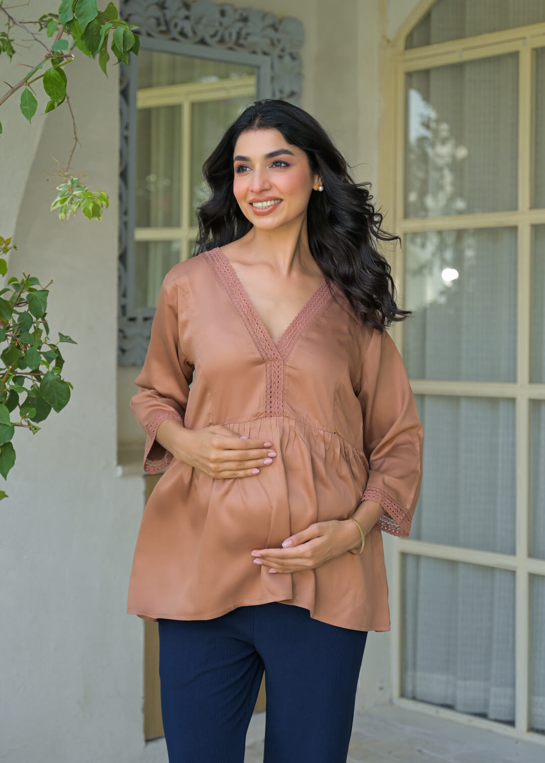 Taupe Lace Neck Maternity & Feeding Top with Concealed Zipper