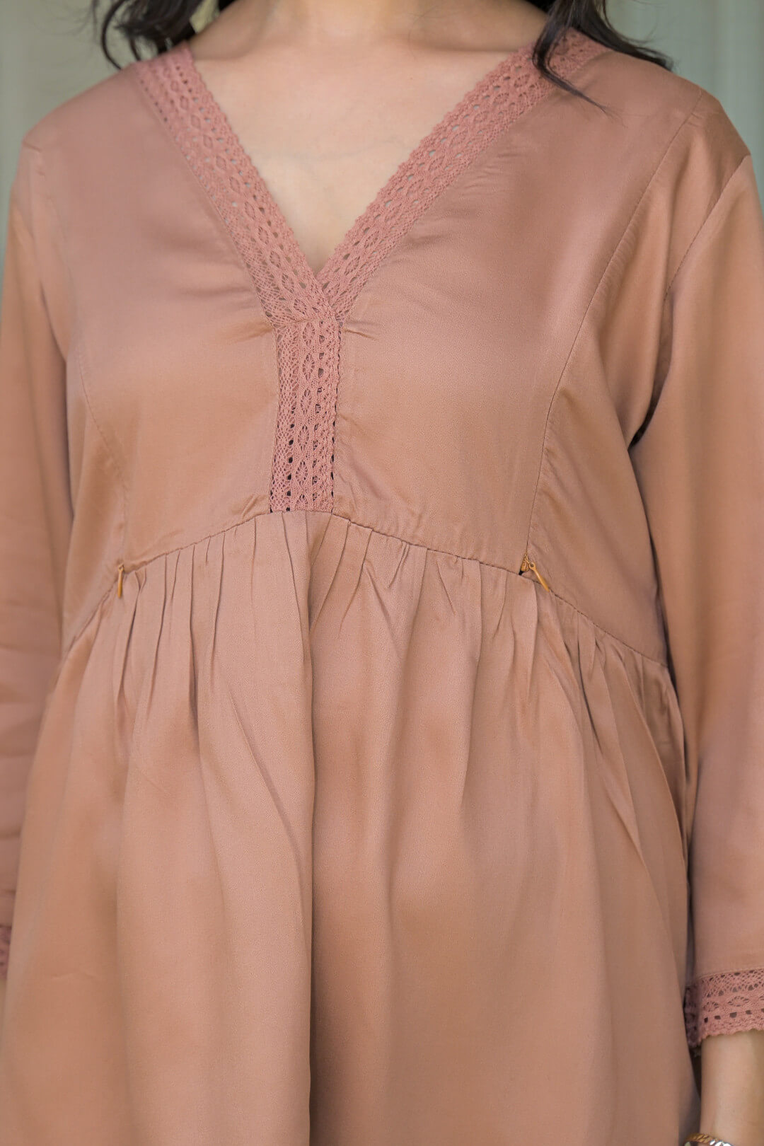 Taupe Lace Neck Maternity & Feeding Top with Concealed Zipper
