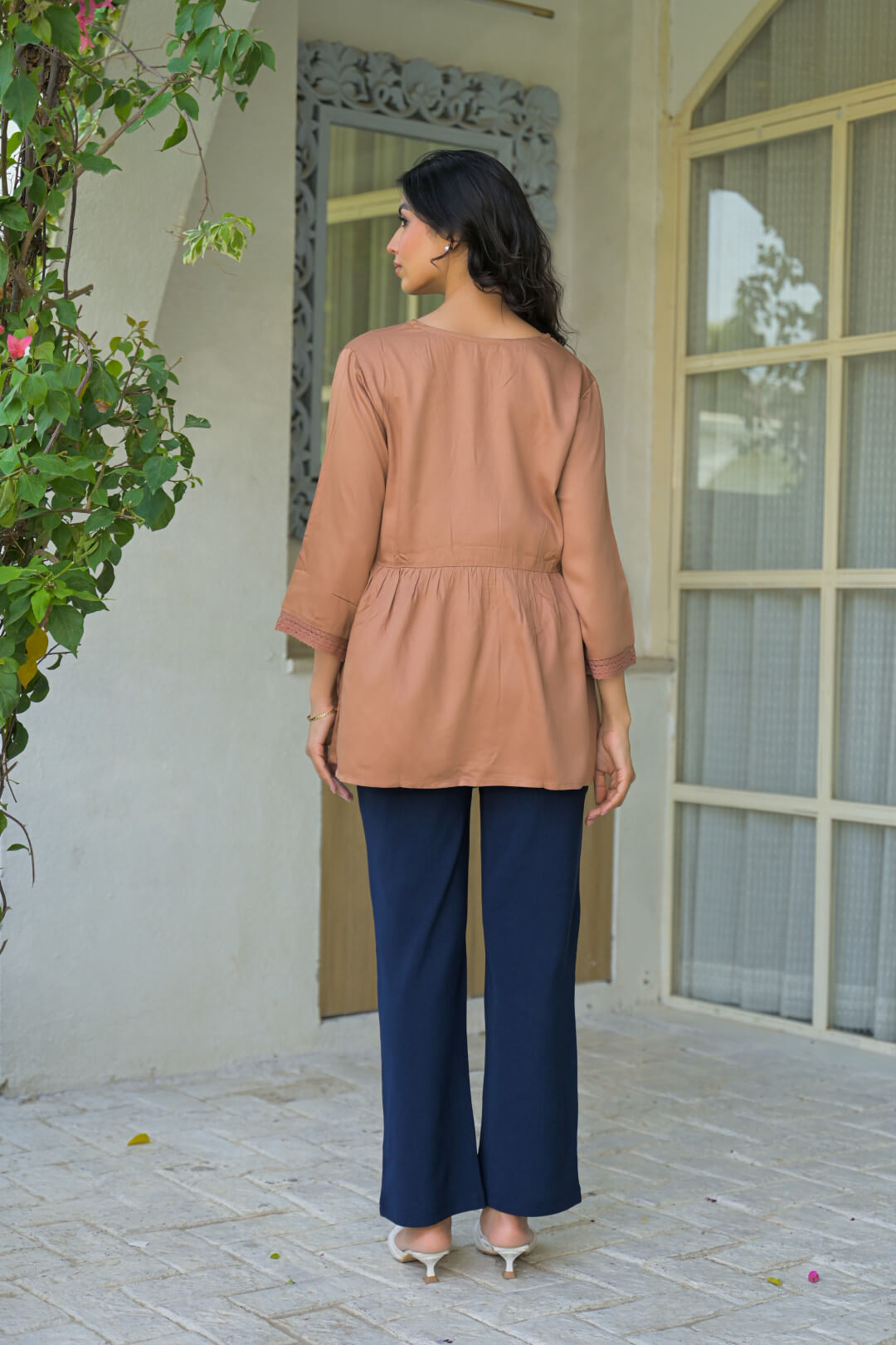 Taupe Lace Neck Maternity & Feeding Top with Concealed Zipper