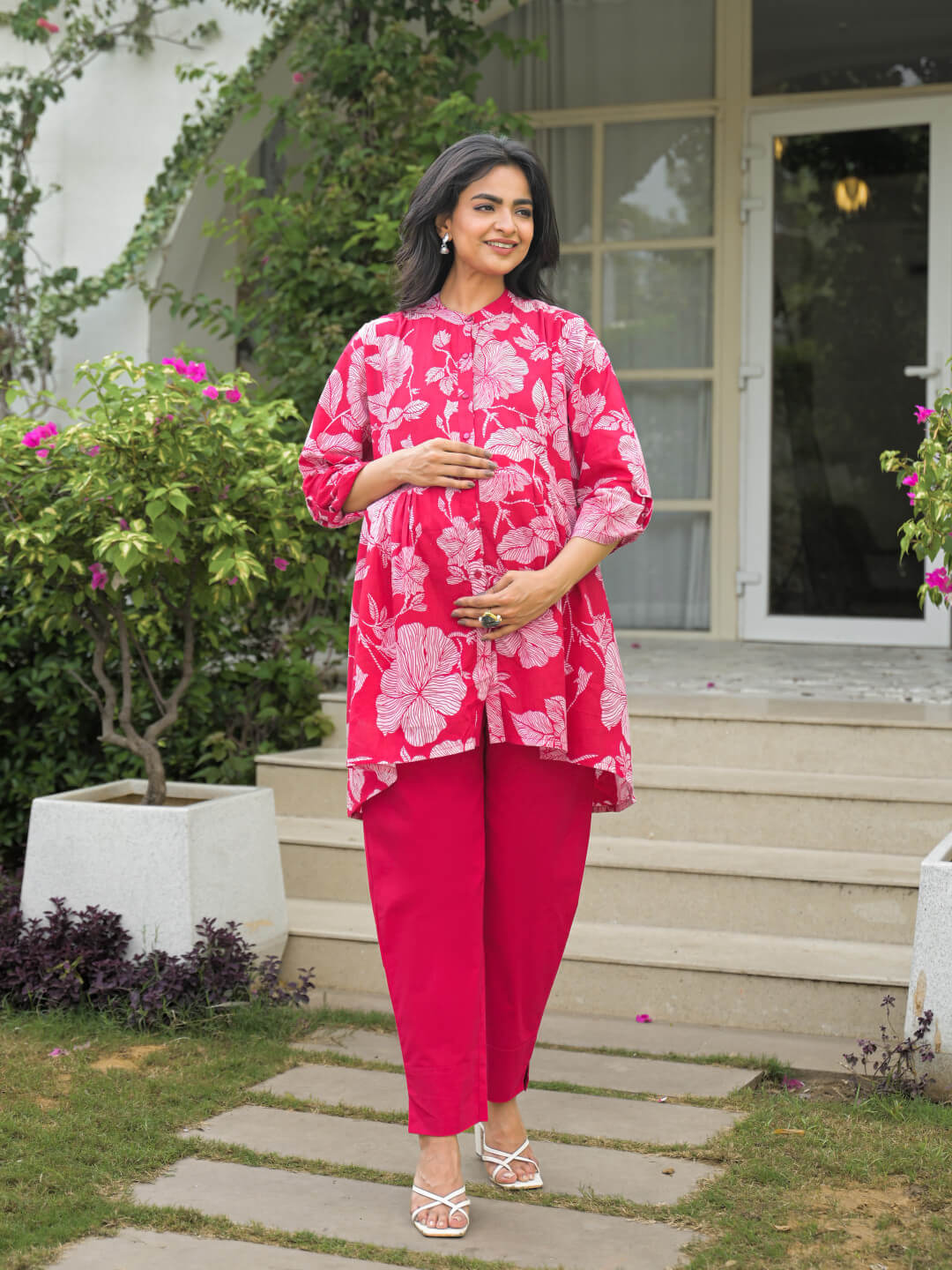 Fuchsia Floral Print Cotton Maternity Feeding-Friendly Top