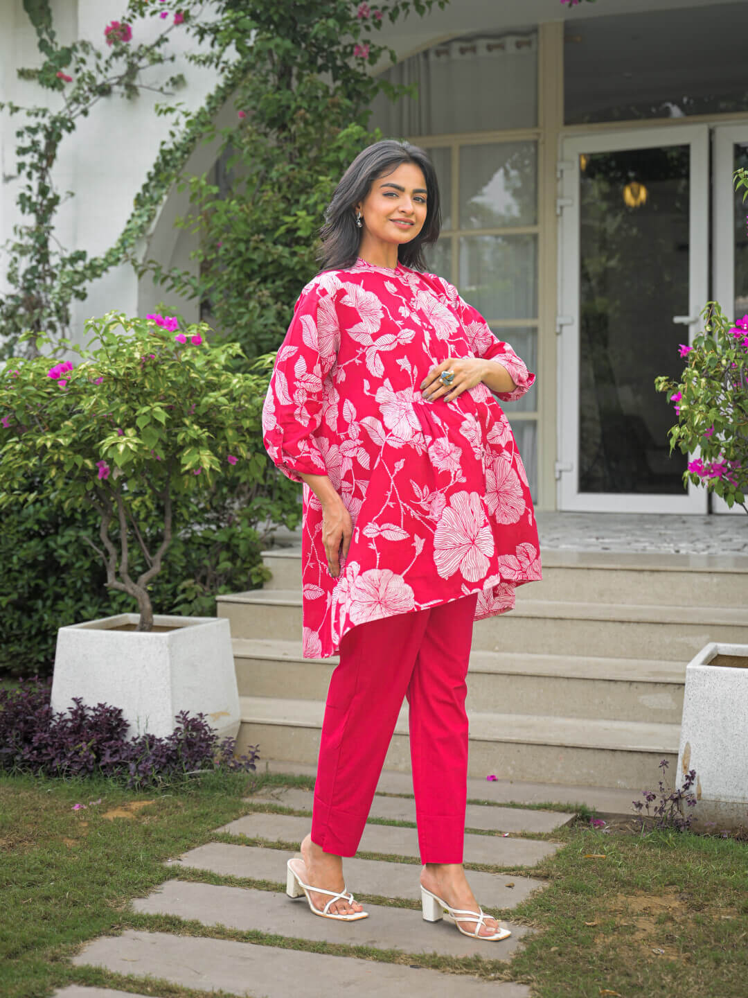 Fuchsia Floral Print Cotton Maternity Feeding-Friendly Top