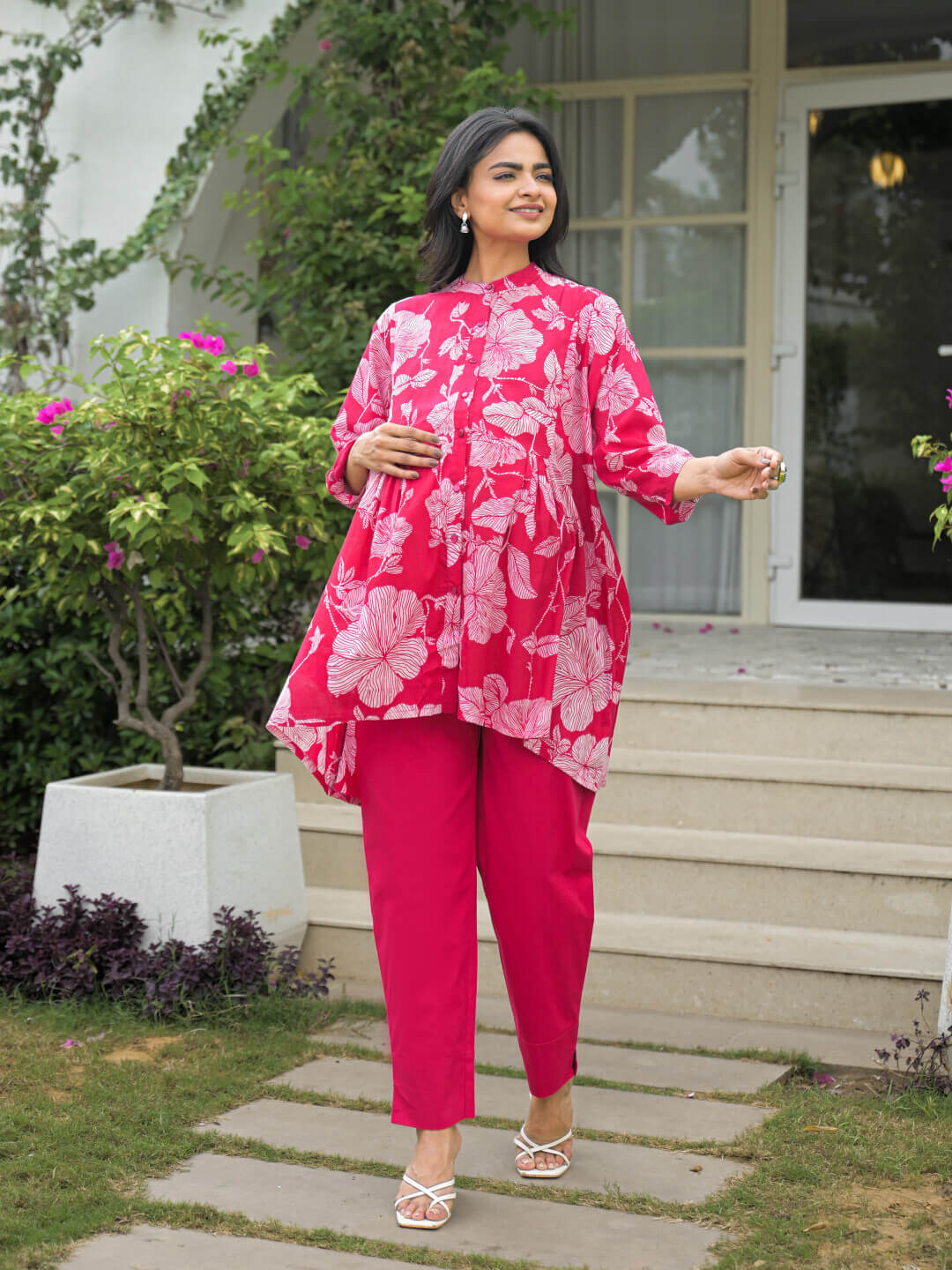Fuchsia Floral Print Cotton Maternity Feeding-Friendly Top