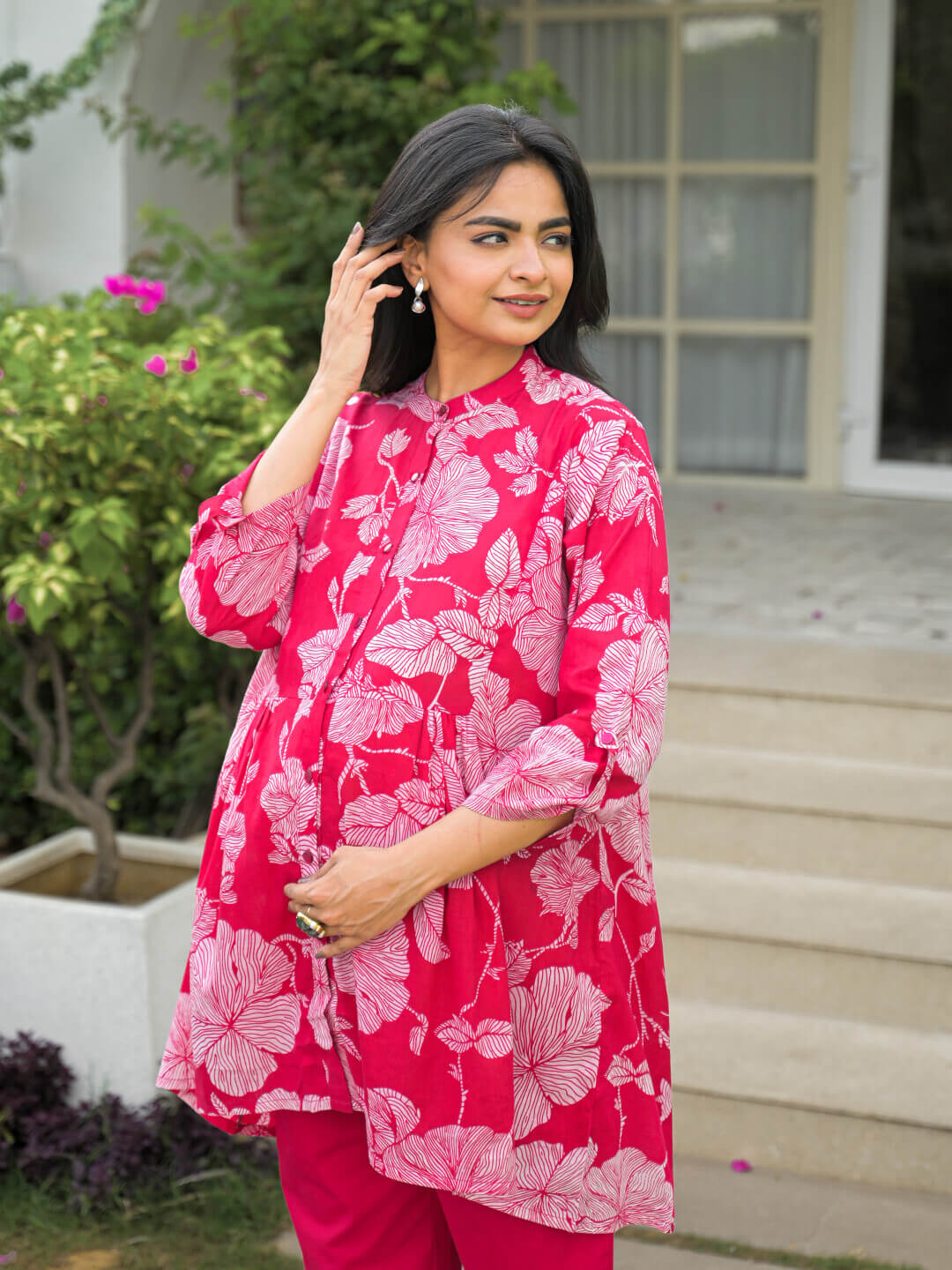 Fuchsia Floral Print Cotton Maternity Feeding-Friendly Top