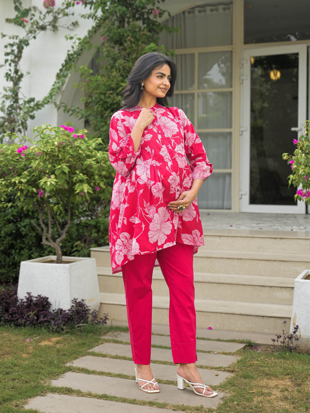 Fuchsia Floral Print Cotton Maternity Feeding-Friendly Top