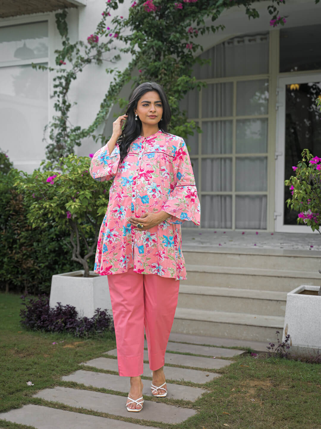 Pink Multi Floral Print Cotton Maternity Feeding-Friendly Top
