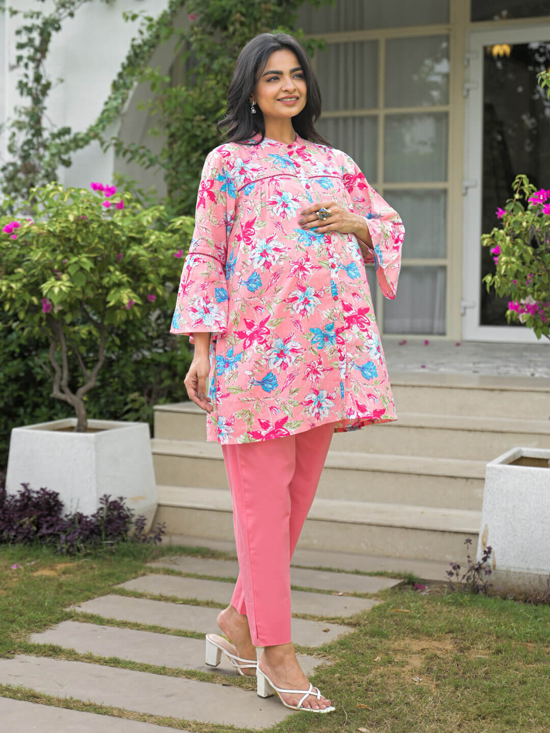 Pink Multi Floral Print Cotton Maternity Feeding-Friendly Top